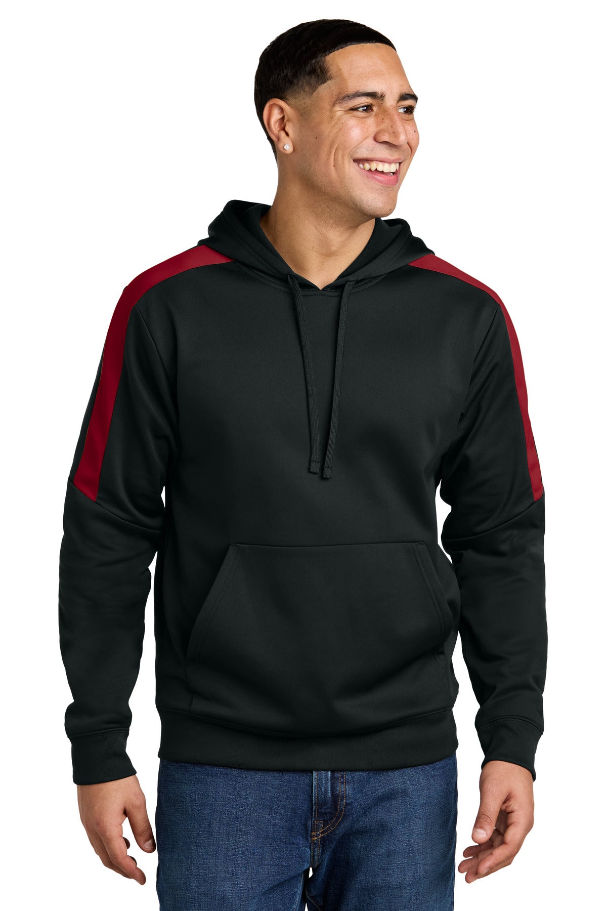 Front View of Blk/DpRed Sport-Tek Sport-Wick Fleece United Pullover Hoodie ST255