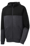 Front View of Blk/Gph/Black Sport-Tek Tech Fleece Colorblock Full-Zip Hooded Jacket. ST245