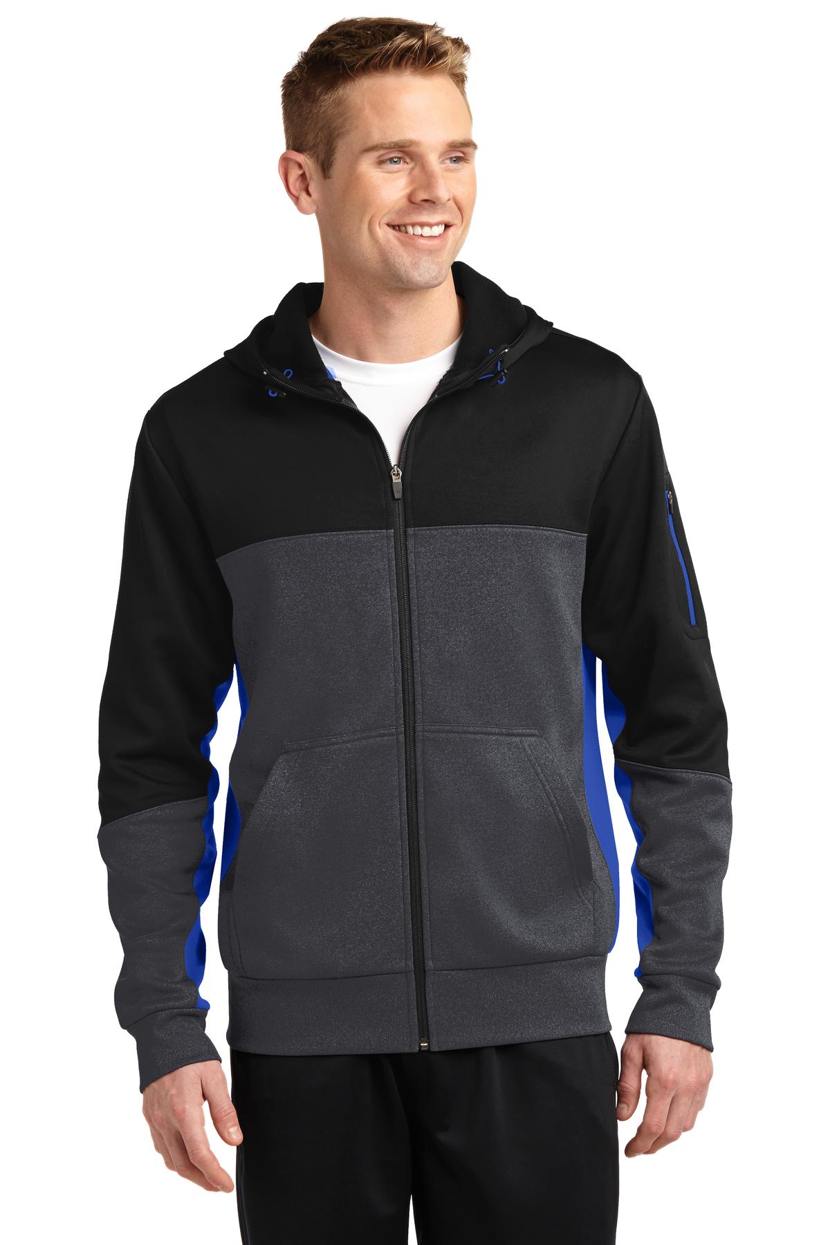Front View of Blk/Gph/Tr Ryl Sport-Tek Tech Fleece Colorblock Full-Zip Hooded Jacket. ST245