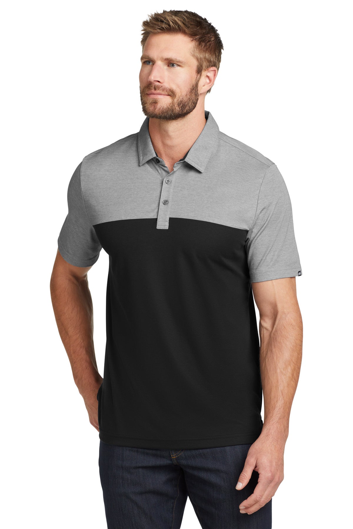 Front View of BlkHth/Blk TravisMathew Oceanside Blocked Polo. TM1MU414