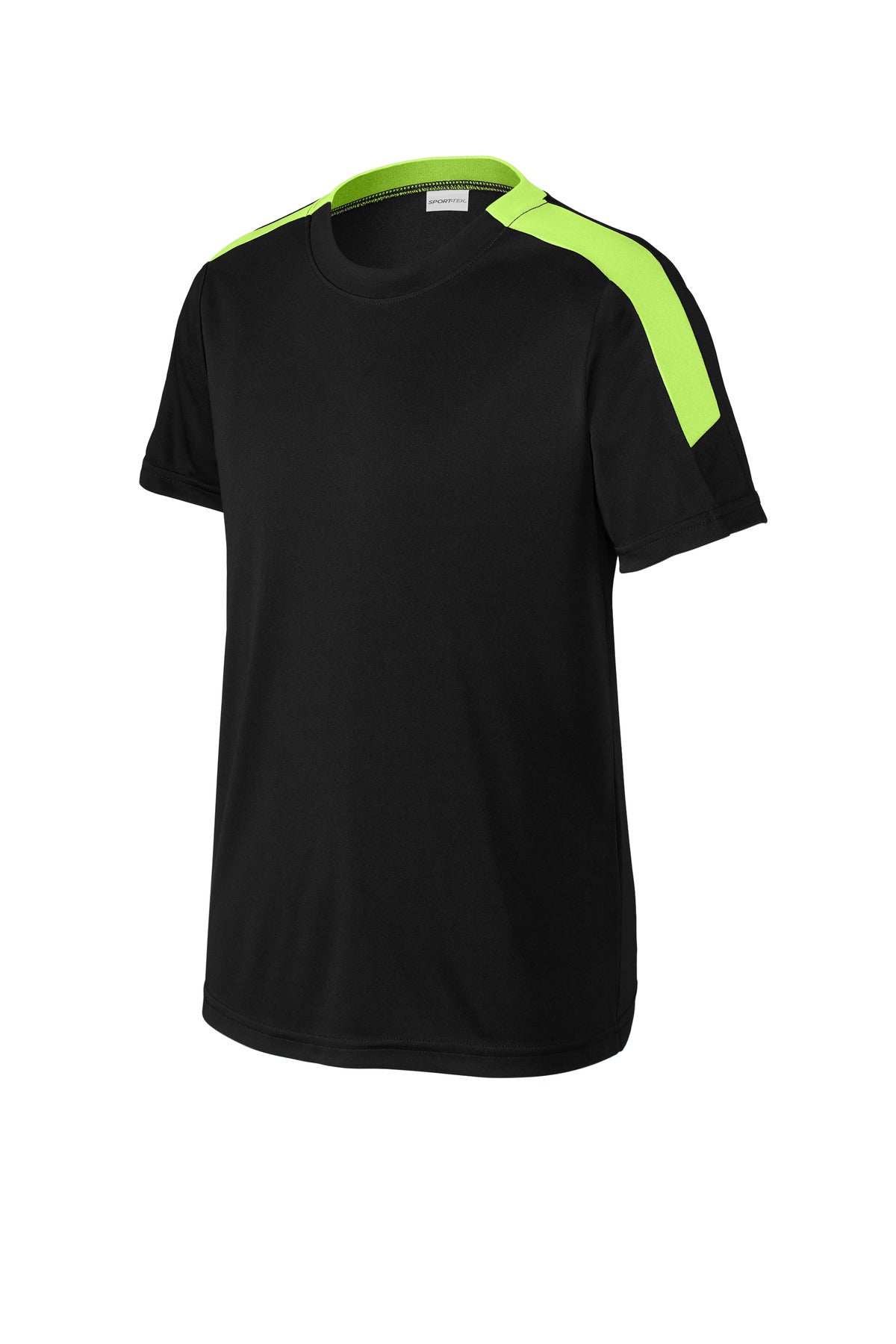 Front View of Blk/LmShk Sport-Tek Youth Competitor United Crew YST100