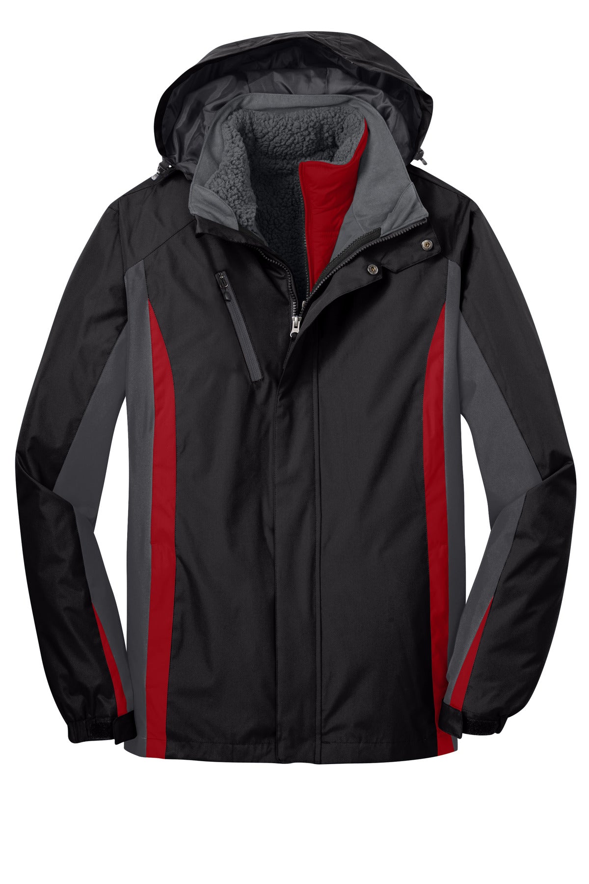 Front View of Blk/Mag Gy/Red Port Authority Colorblock 3-in-1 Jacket. J321