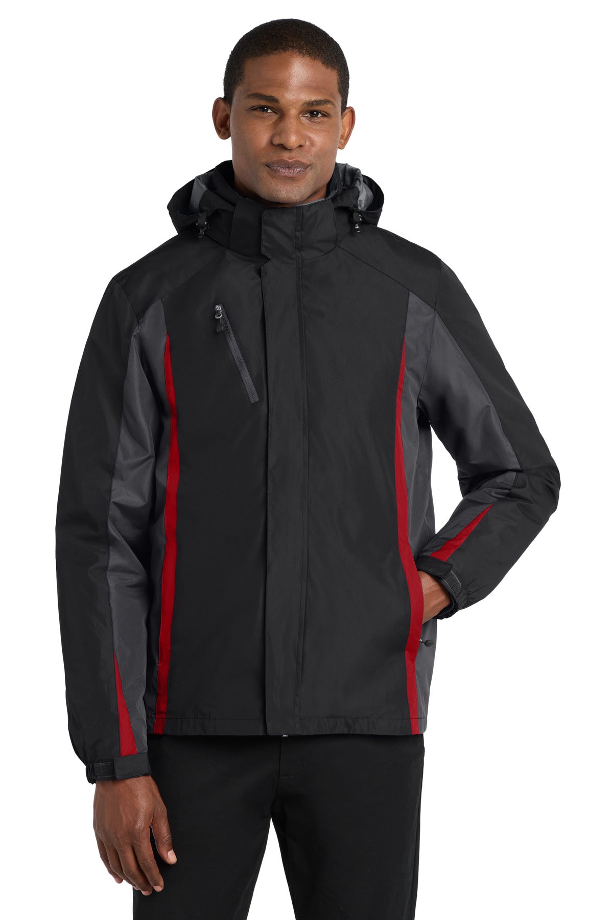 Front View of Blk/Mag Gy/Red Port Authority Colorblock 3-in-1 Jacket. J321