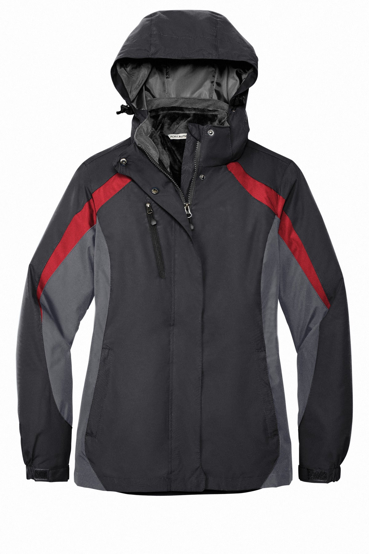 Front View of Blk/Mg Gry/Red Port Authority Women's Colorblock 3-in-1 Jacket. L321
