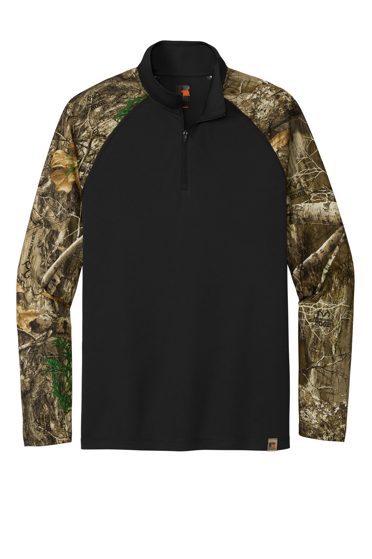 Front View of Blk/RTEdge Russell Outdoors Realtree Colorblock Performance 1/4-Zip RU152
