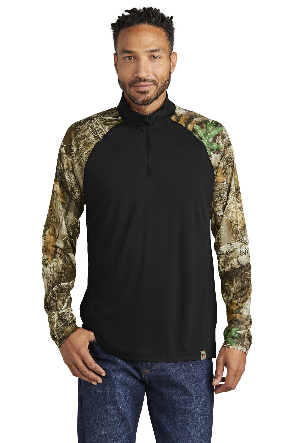 Front View of Blk/RTEdge Russell Outdoors Realtree Colorblock Performance 1/4-Zip RU152