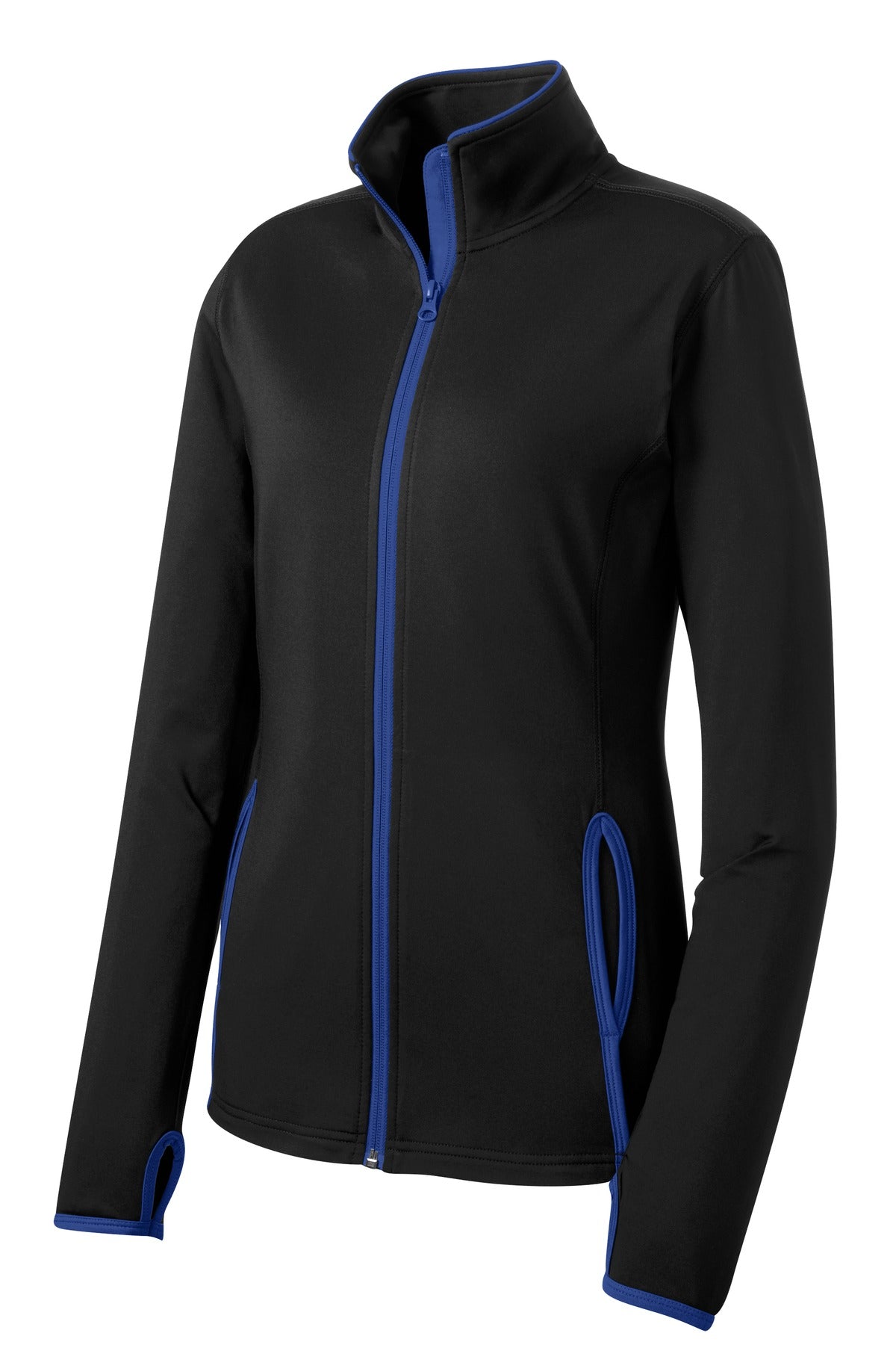 Front View of Blk/True Royal Sport-Tek Women's Sport-Wick Stretch Contrast Full-Zip Jacket. LST853