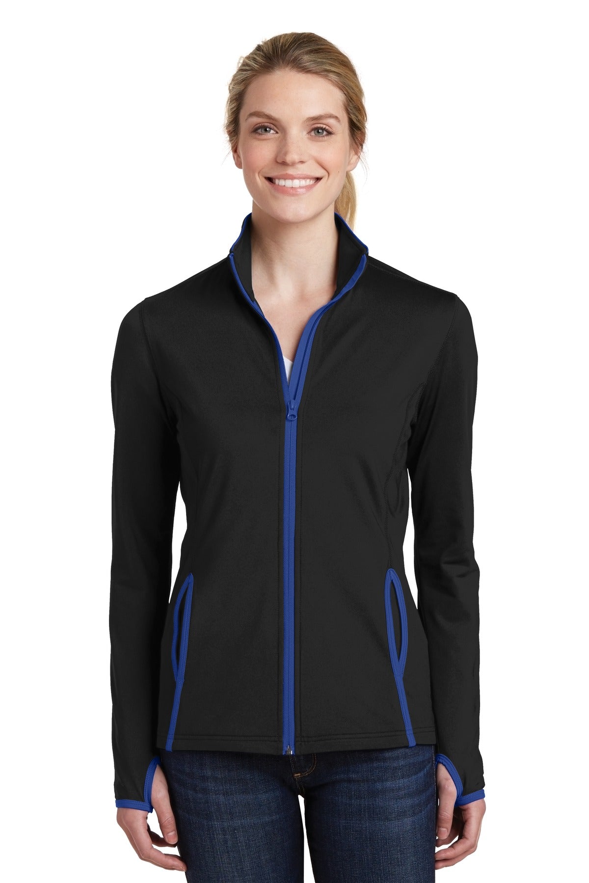 Front View of Blk/True Royal Sport-Tek Women's Sport-Wick Stretch Contrast Full-Zip Jacket. LST853