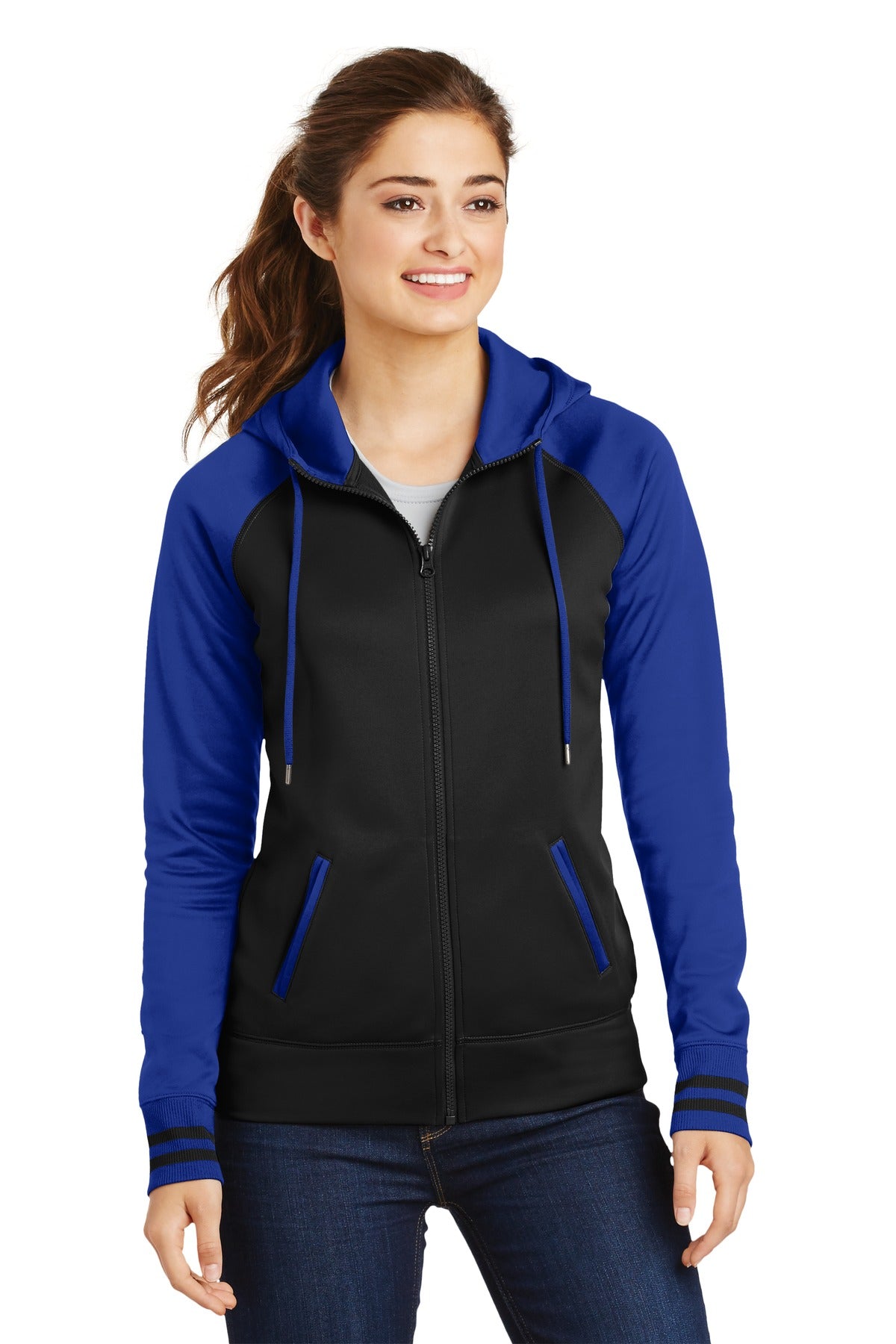 Front View of Blk/True Royal Sport-Tek Women's Sport-Wick Varsity Fleece Full-Zip Hooded Jacket. LST236