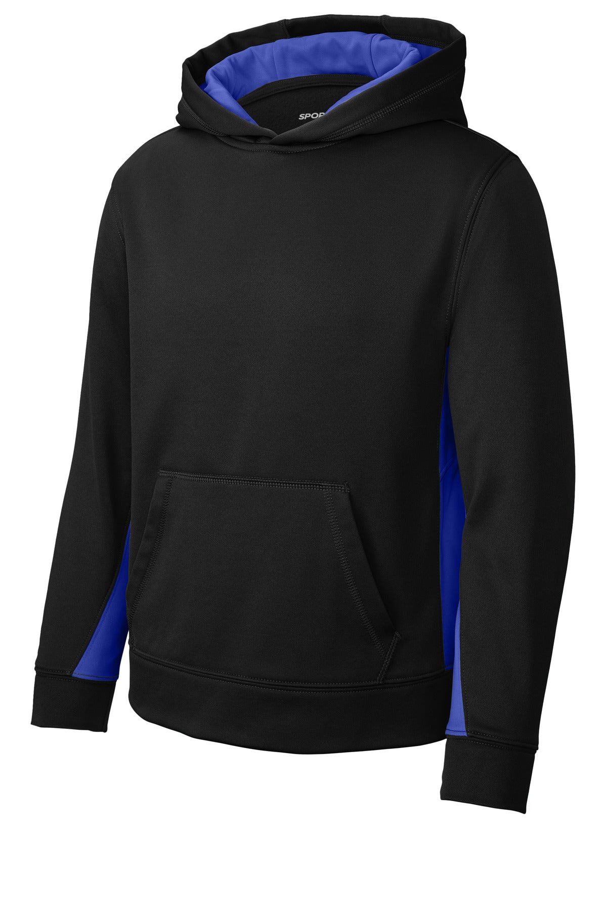 Front View of Blk/True Royal Sport-Tek Youth Sport-Wick Fleece Colorblock Hooded Pullover. YST235