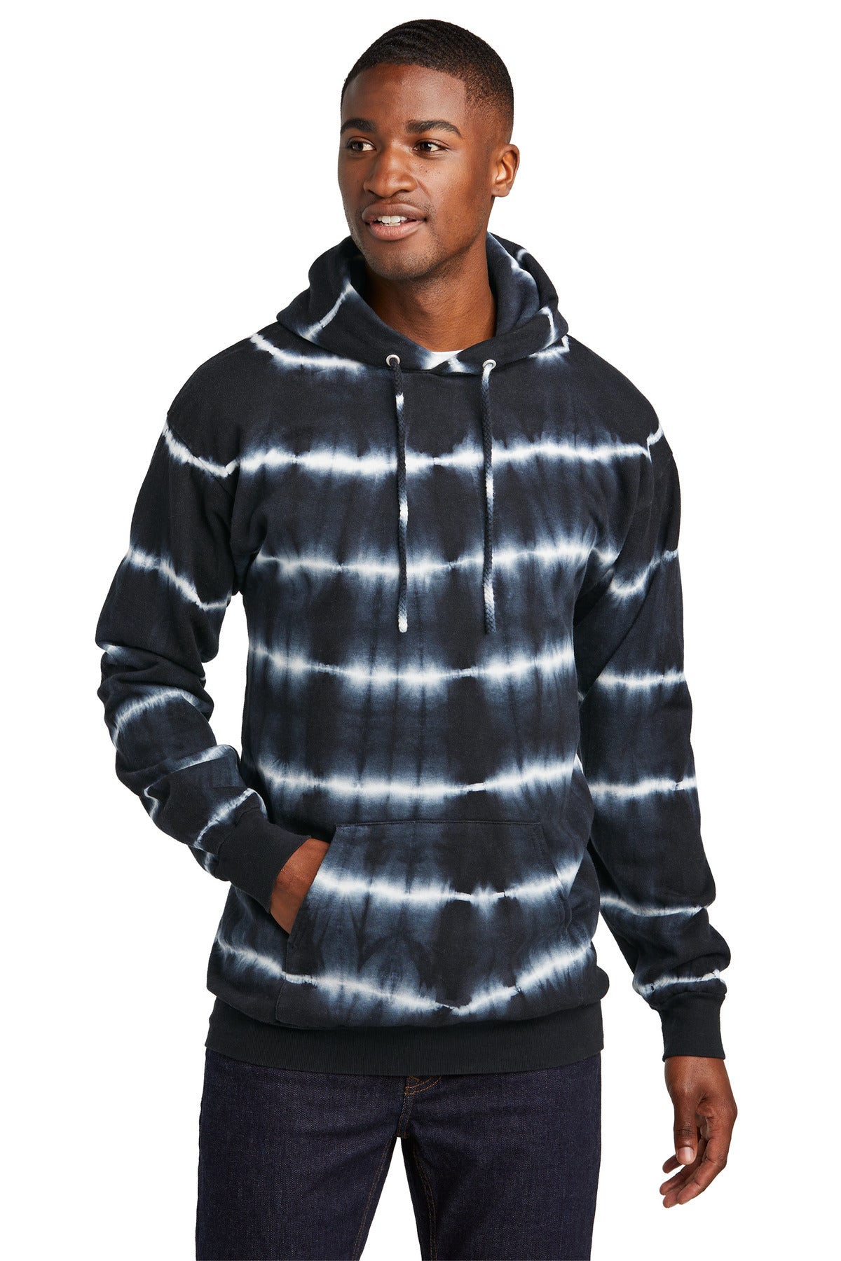 Front View of Blk/White Port & Company Allover Stripe Tie-Dye Fleece PC143