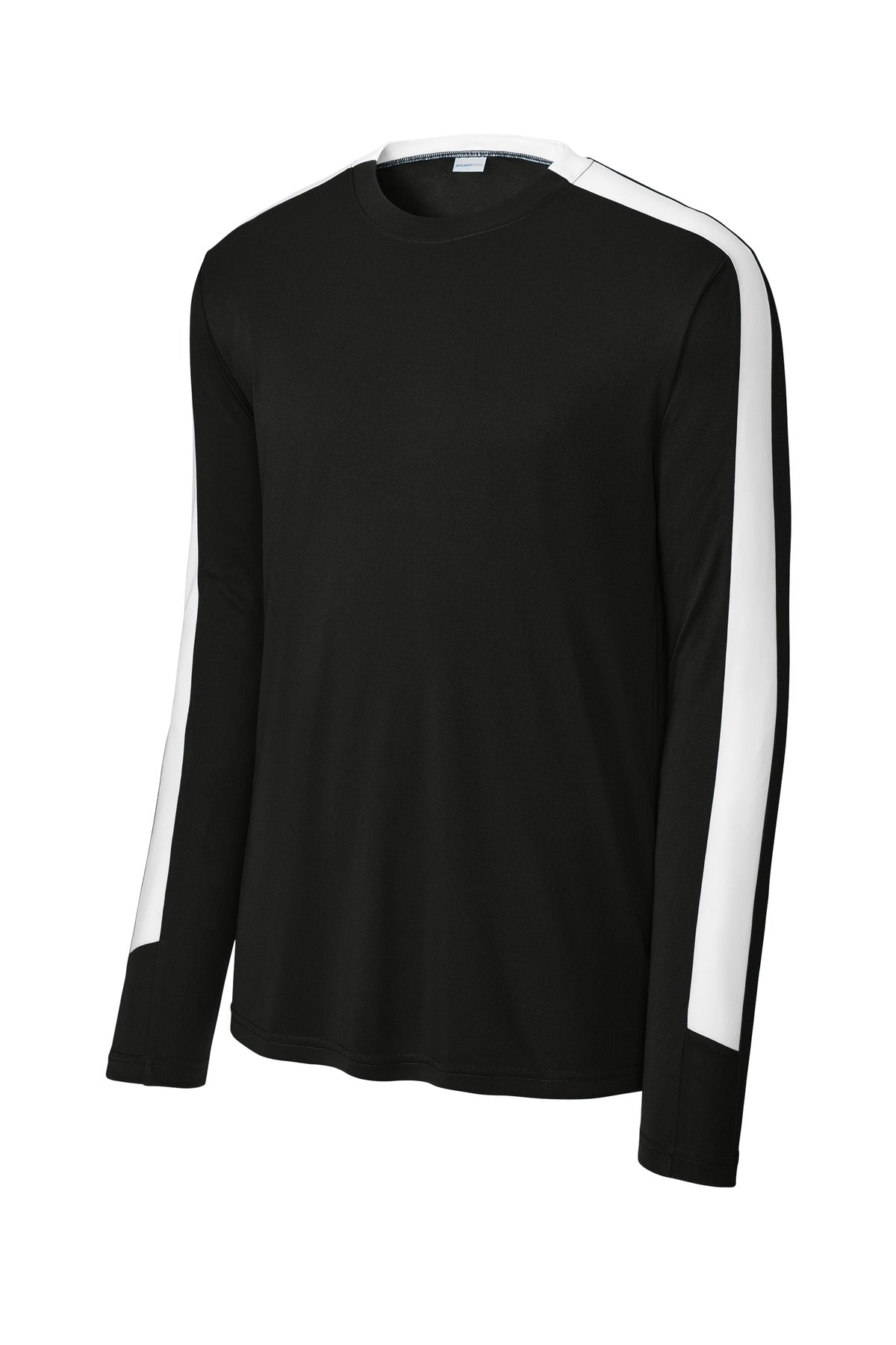 Front View of Blk/White Sport-Tek Competitor United Long Sleeve Crew ST100LS