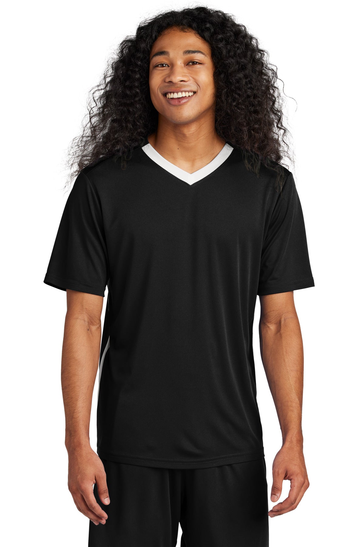 Front View of Blk/White Sport-Tek Competitor United V-Neck ST101