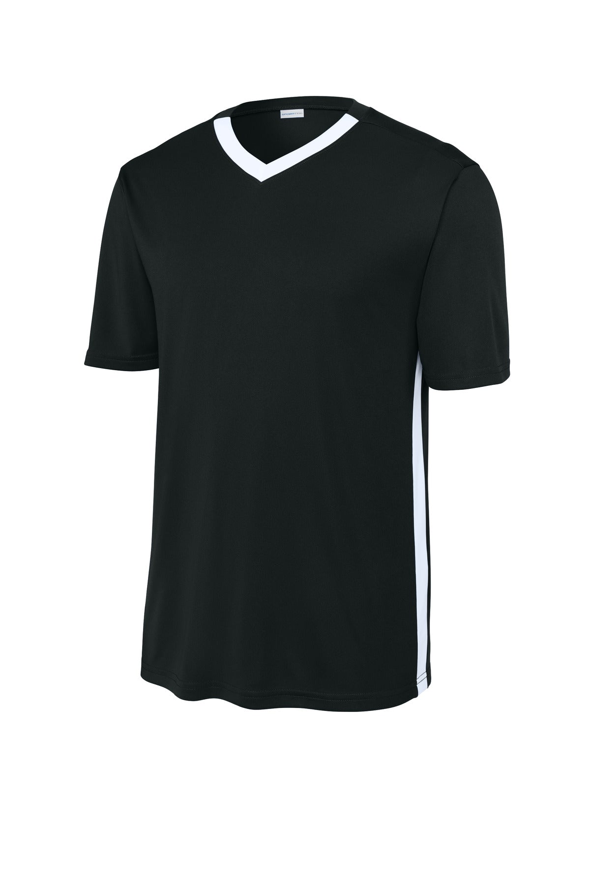 Front View of Blk/White Sport-Tek Competitor United V-Neck ST101