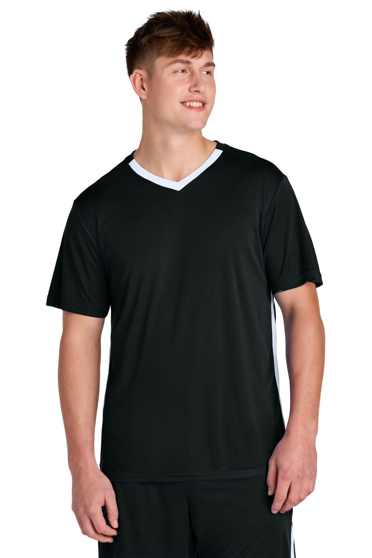 Front View of Blk/White Sport-Tek Competitor United V-Neck ST101