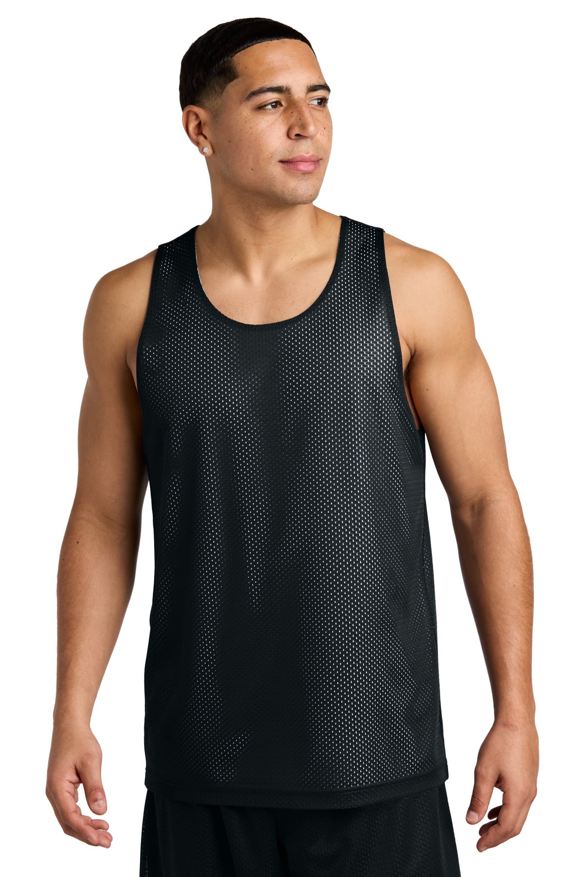 Front View of Blk/White Sport-Tek PosiCharge Reversible Mesh Tank ST5000