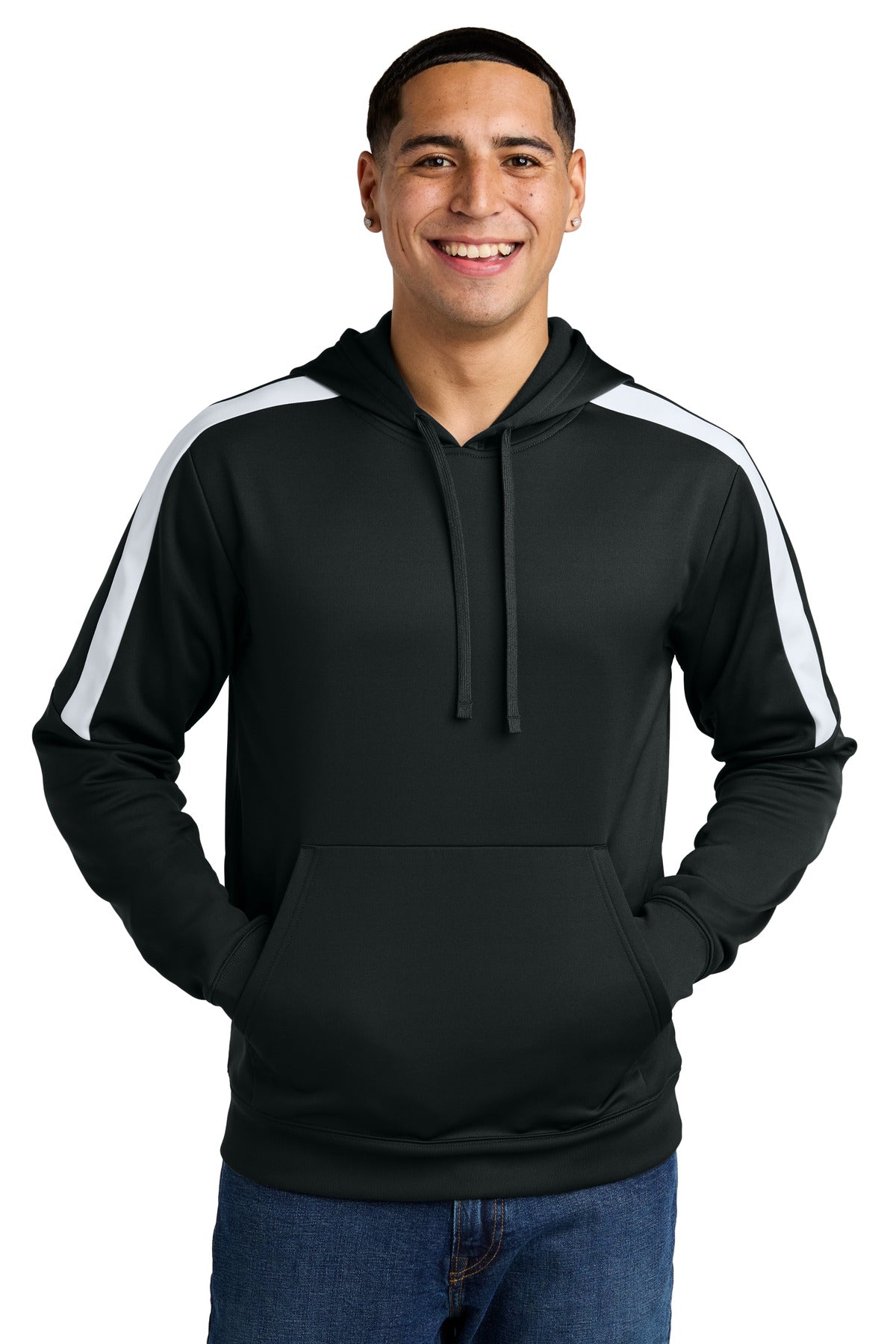 Front View of Blk/White Sport-Tek Sport-Wick Fleece United Pullover Hoodie ST255