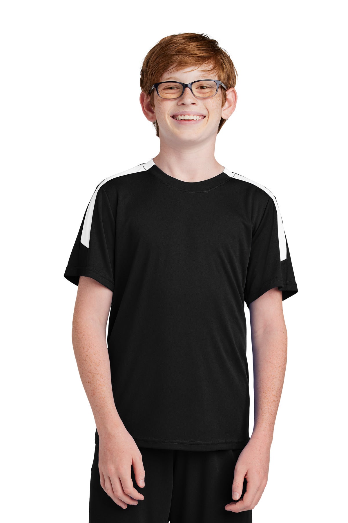 Front View of Blk/White Sport-Tek Youth Competitor United Crew YST100