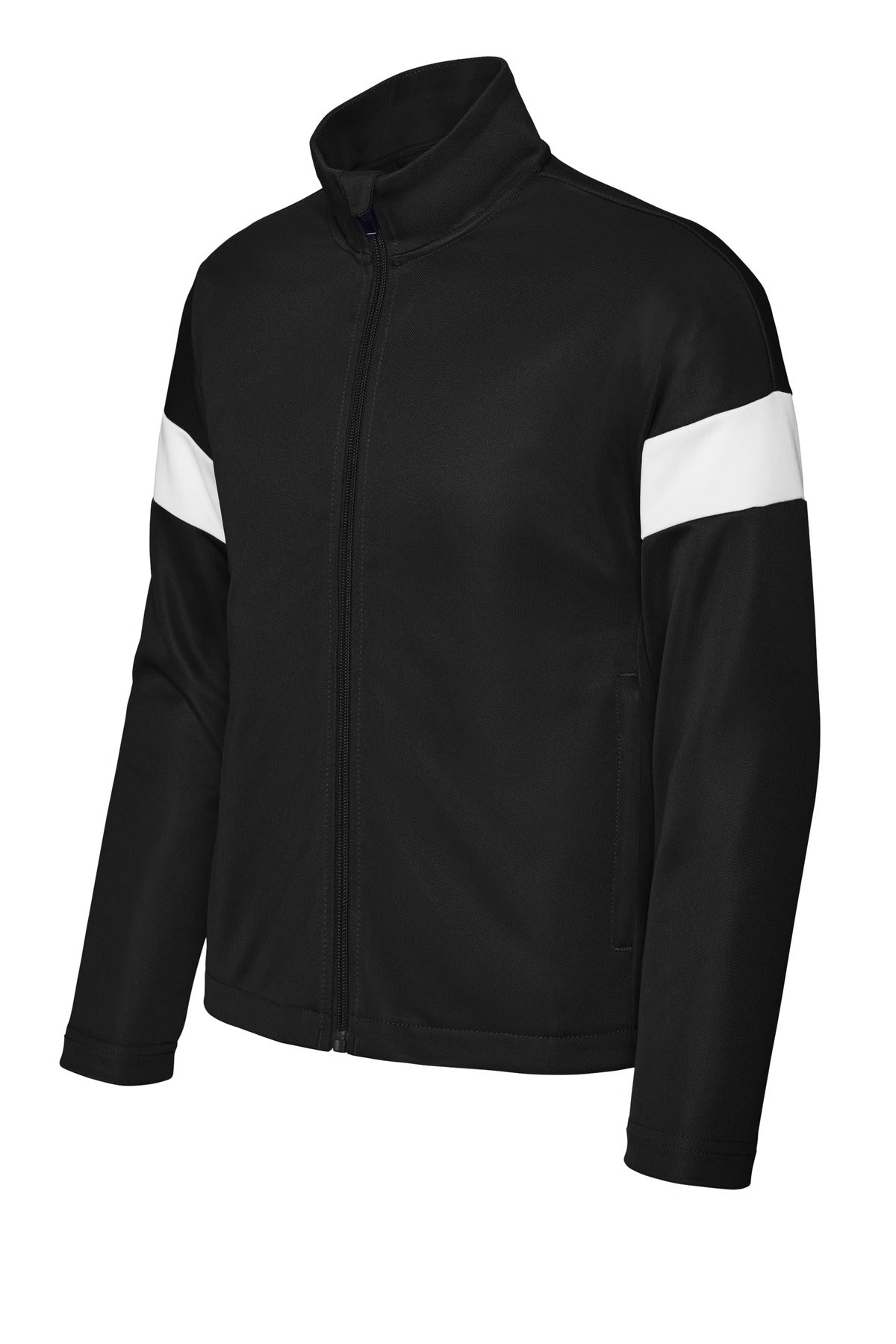 Front View of Blk/White Sport-Tek Youth Travel Full-Zip Jacket YST800