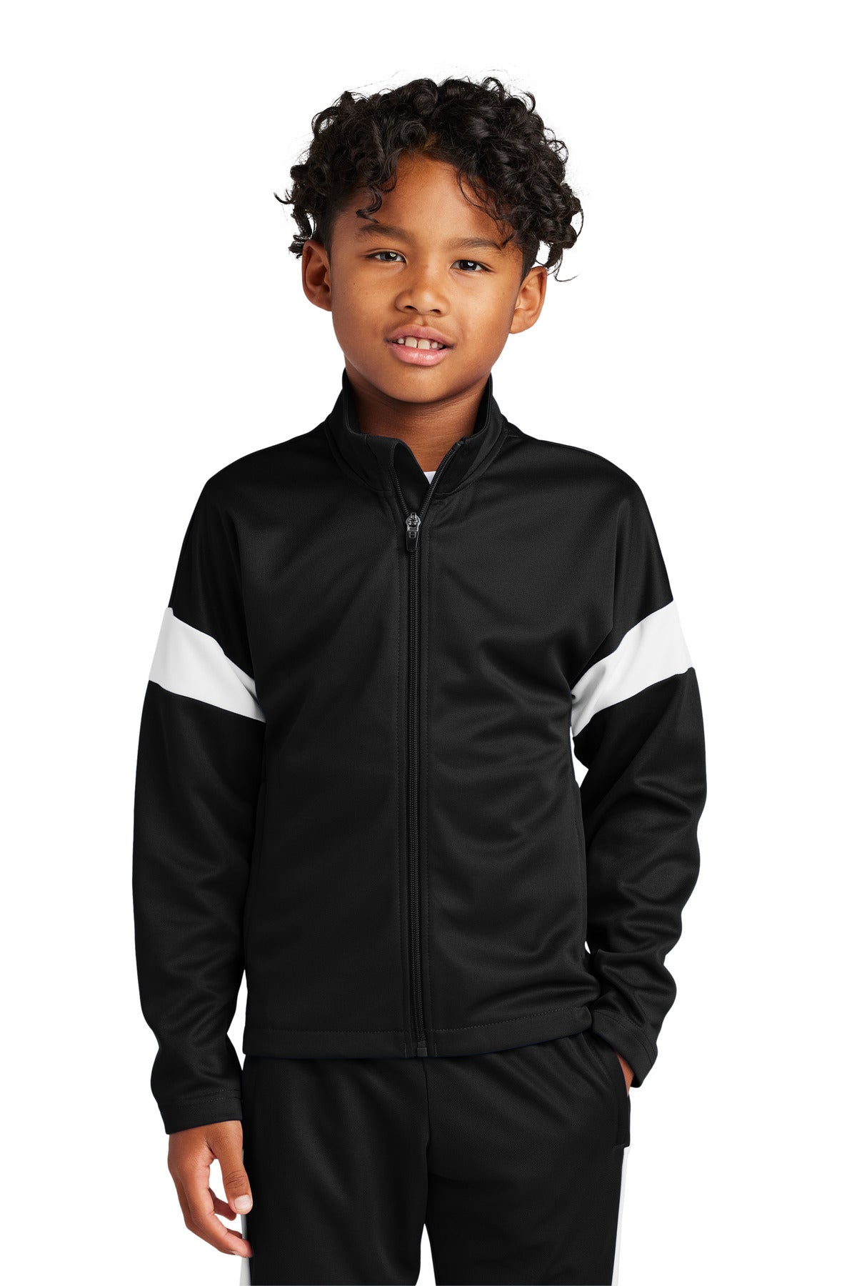 Front View of Blk/White Sport-Tek Youth Travel Full-Zip Jacket YST800