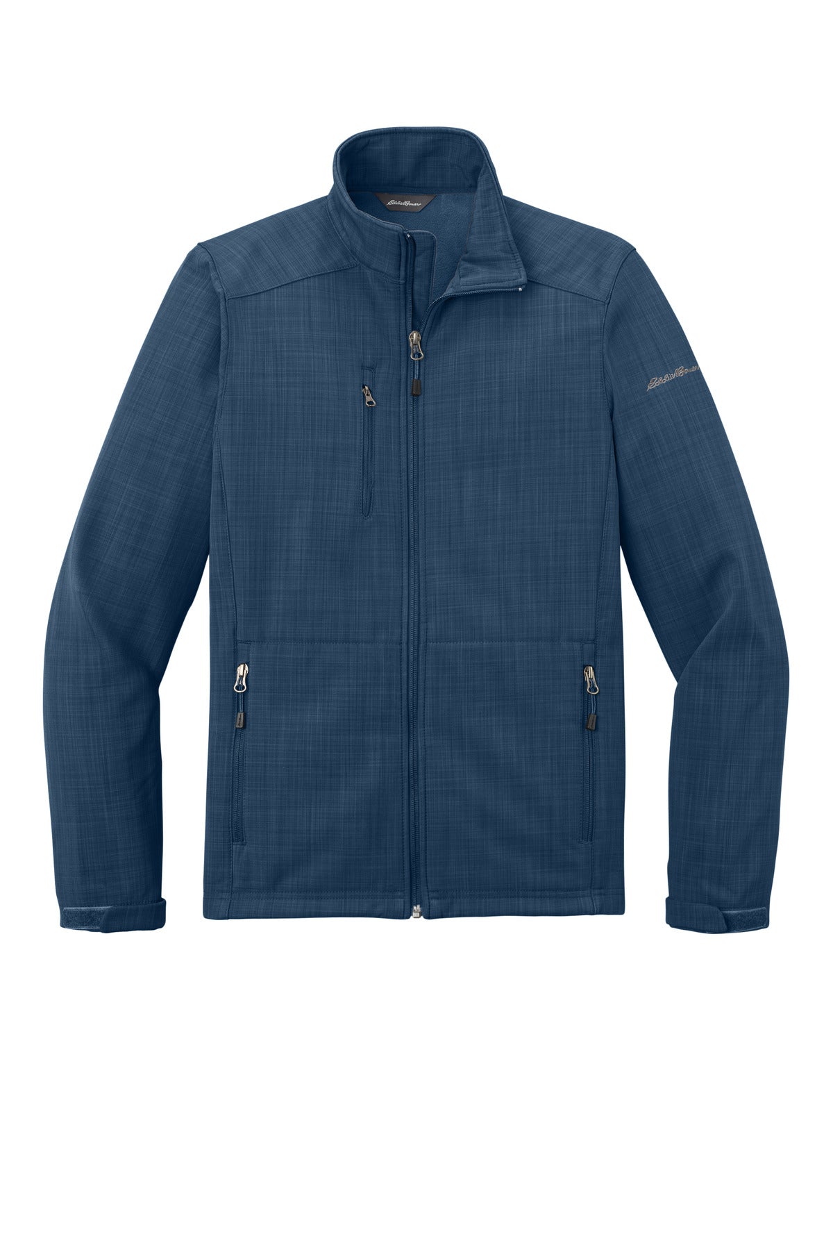 Front View of Blue Eddie Bauer Shaded Crosshatch Soft Shell Jacket. EB532