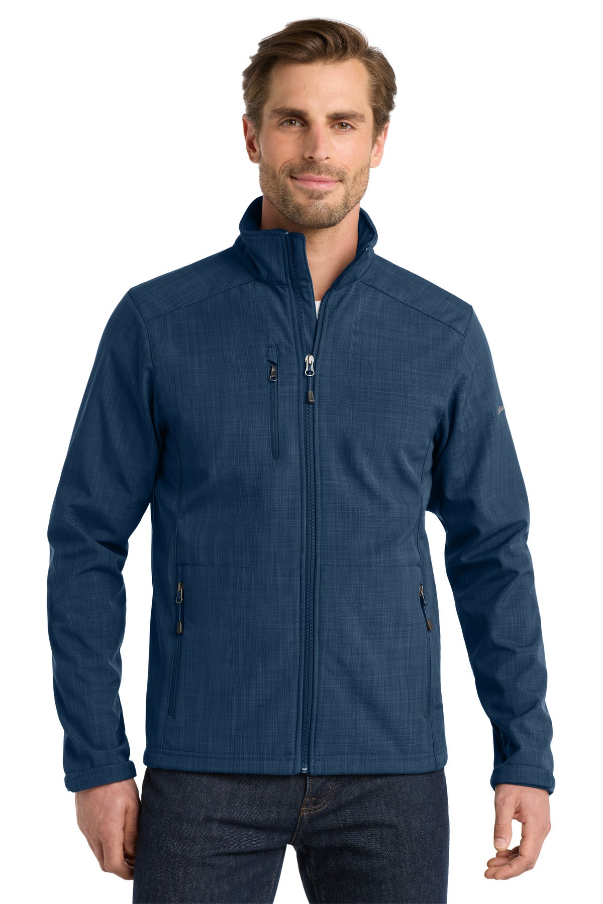 Front View of Blue Eddie Bauer Shaded Crosshatch Soft Shell Jacket. EB532