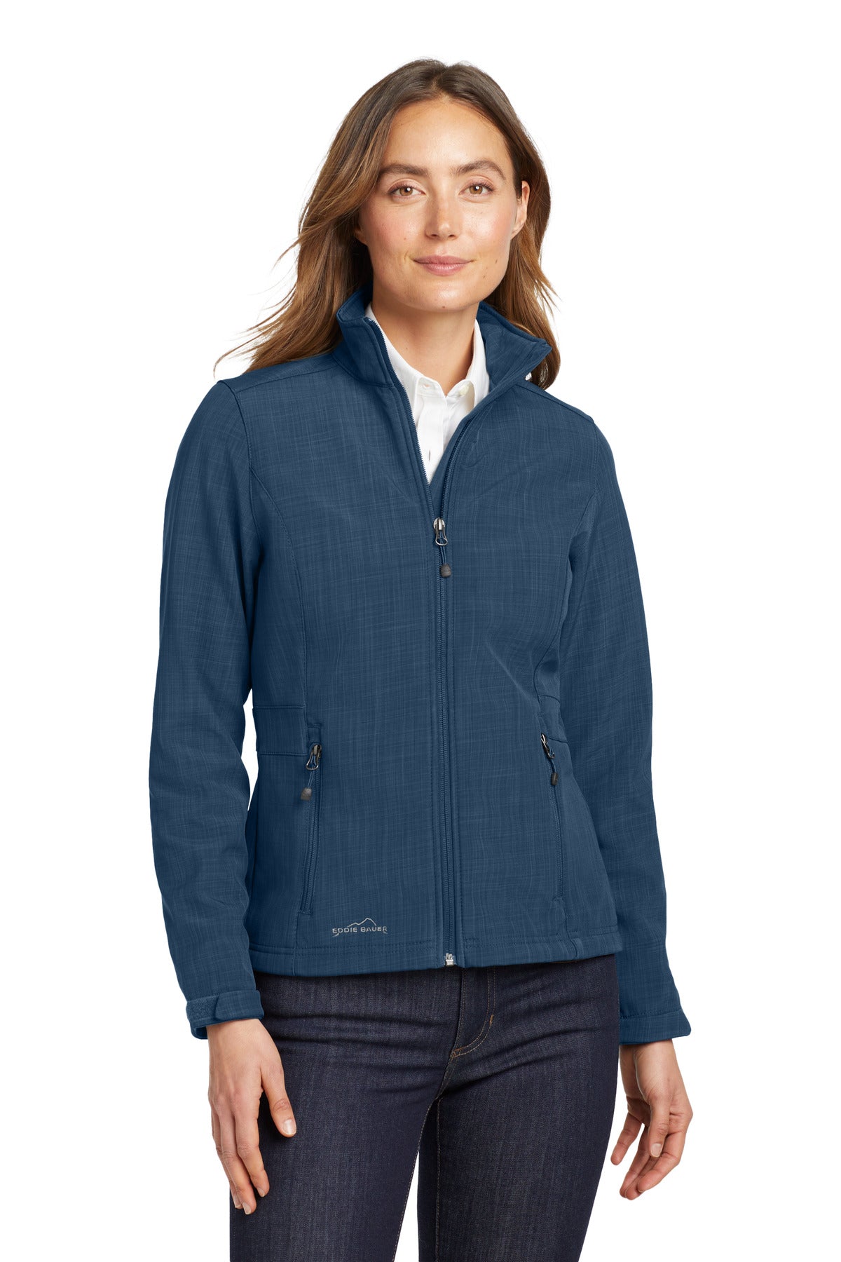 Front View of Blue Eddie Bauer Women's Shaded Crosshatch Soft Shell Jacket. EB533