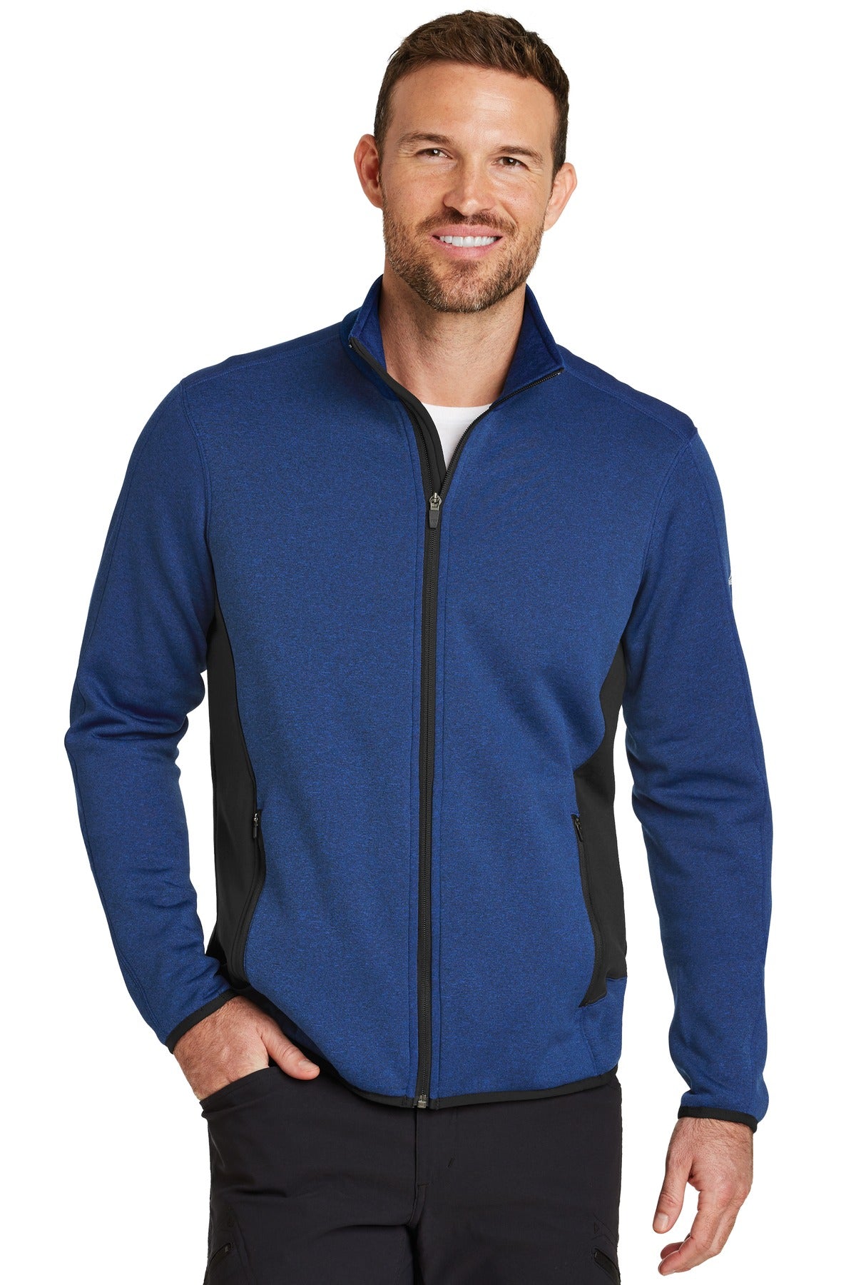 Front View of Blue Heather Eddie Bauer Full-Zip Heather Stretch Fleece Jacket. EB238
