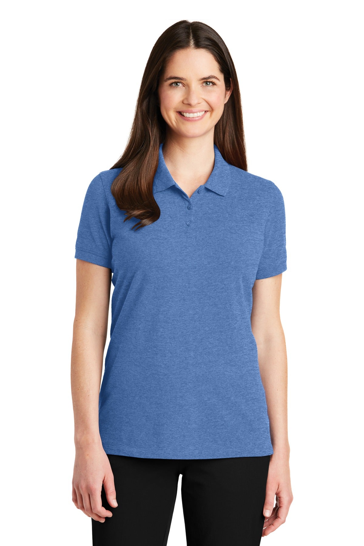 Front View of Blue Heather Port Authority Women's EZCotton Polo. LK8000