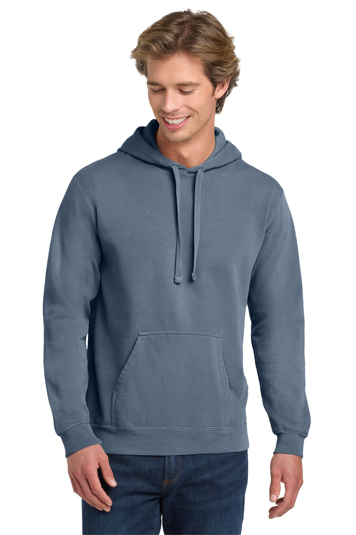 Front View of Blue Jean COMFORT COLORS Ring Spun Hooded Sweatshirt. 1567