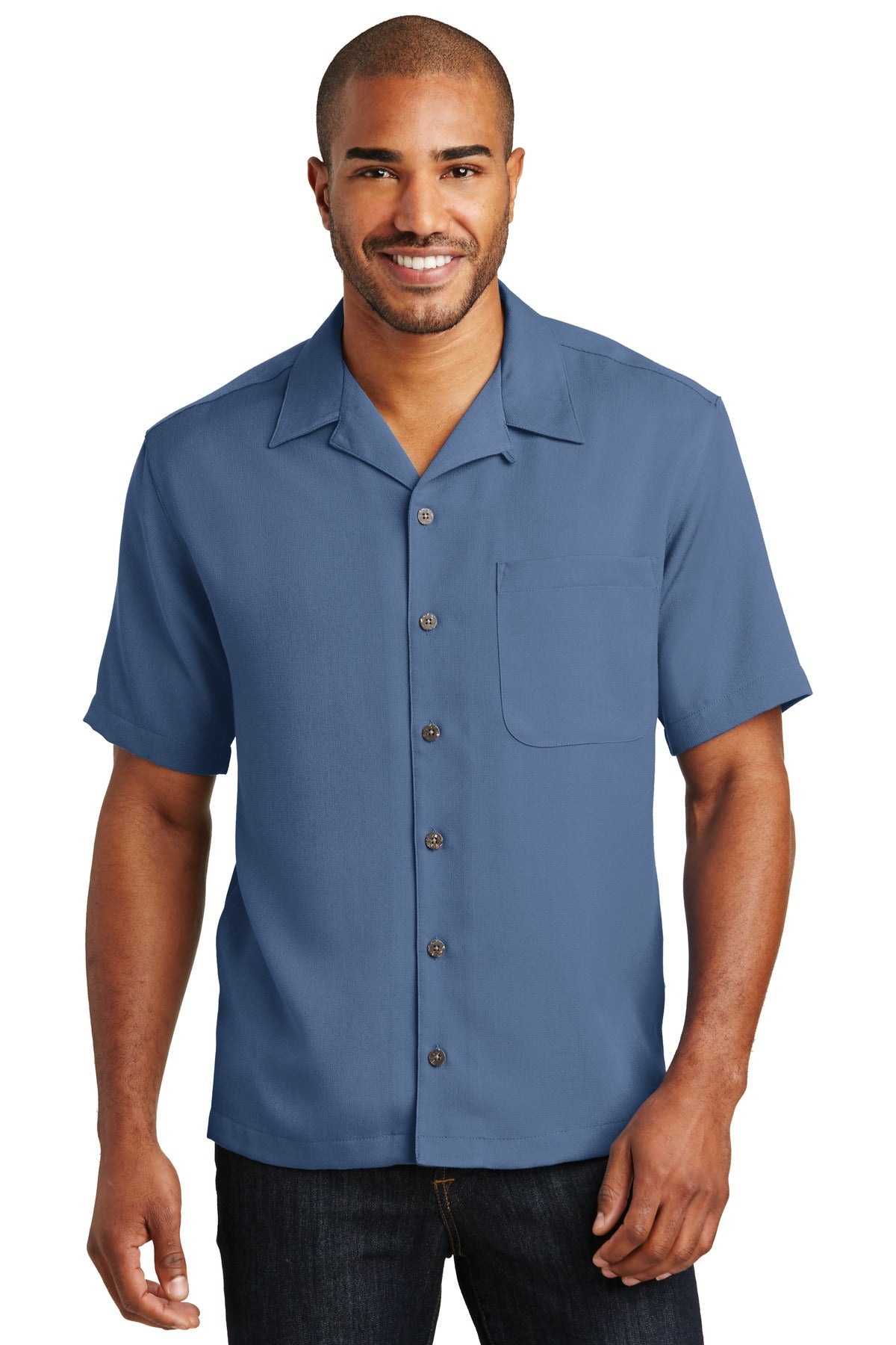 Front View of Blue Port Authority Easy Care Camp Shirt. S535