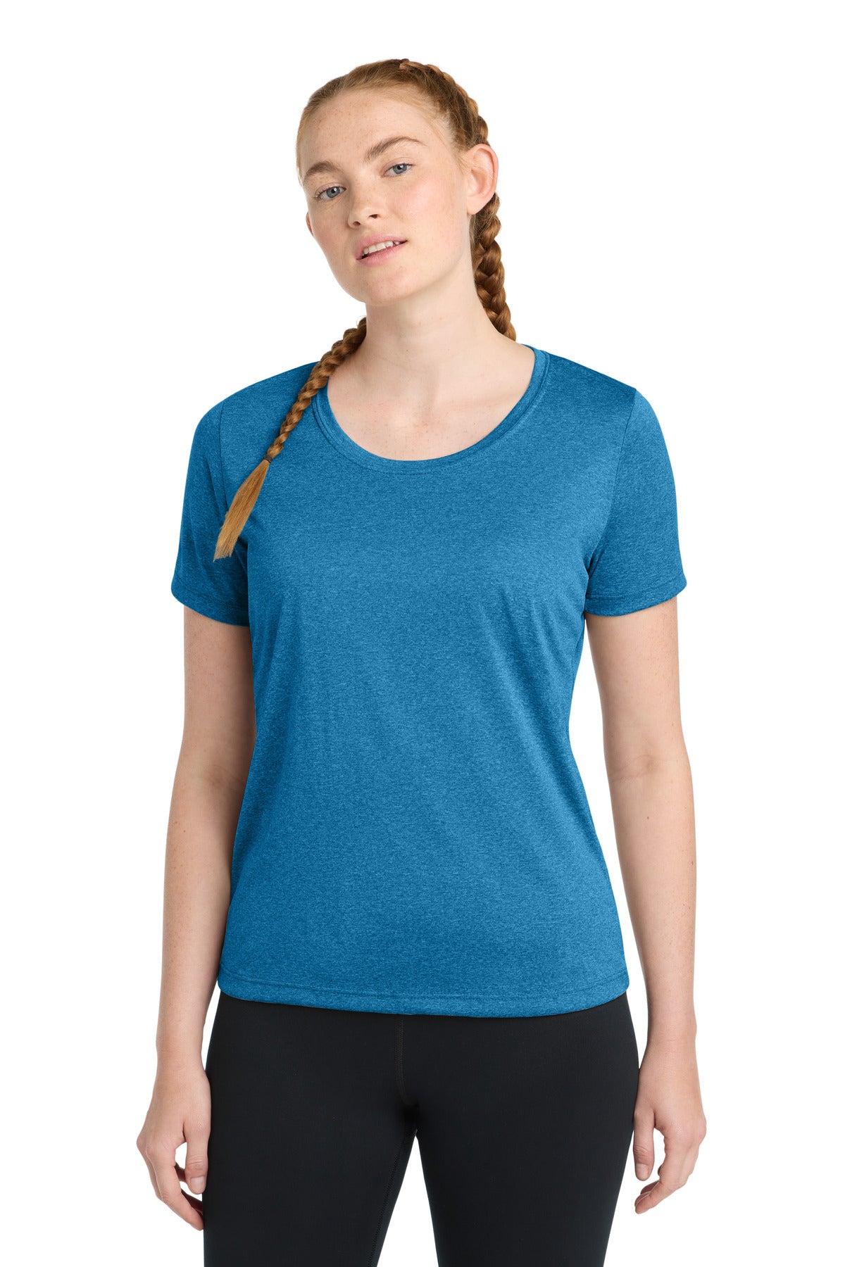 Front View of Blue Wake Hthr Sport-Tek Women's Heather Contender Scoop Neck Tee. LST360