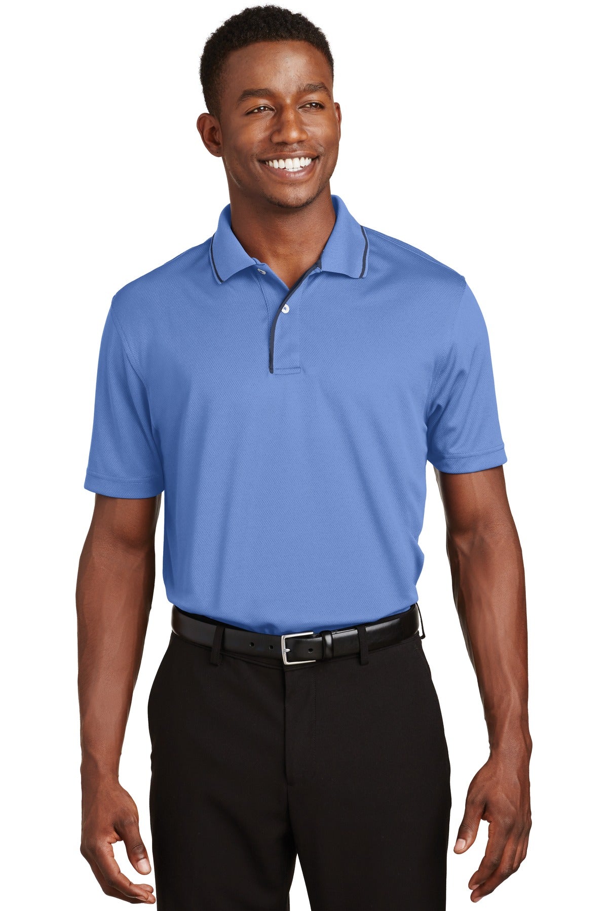 Front View of Blueberry/Navy Sport-Tek Dri-Mesh Polo with Tipped Collar and Piping. K467