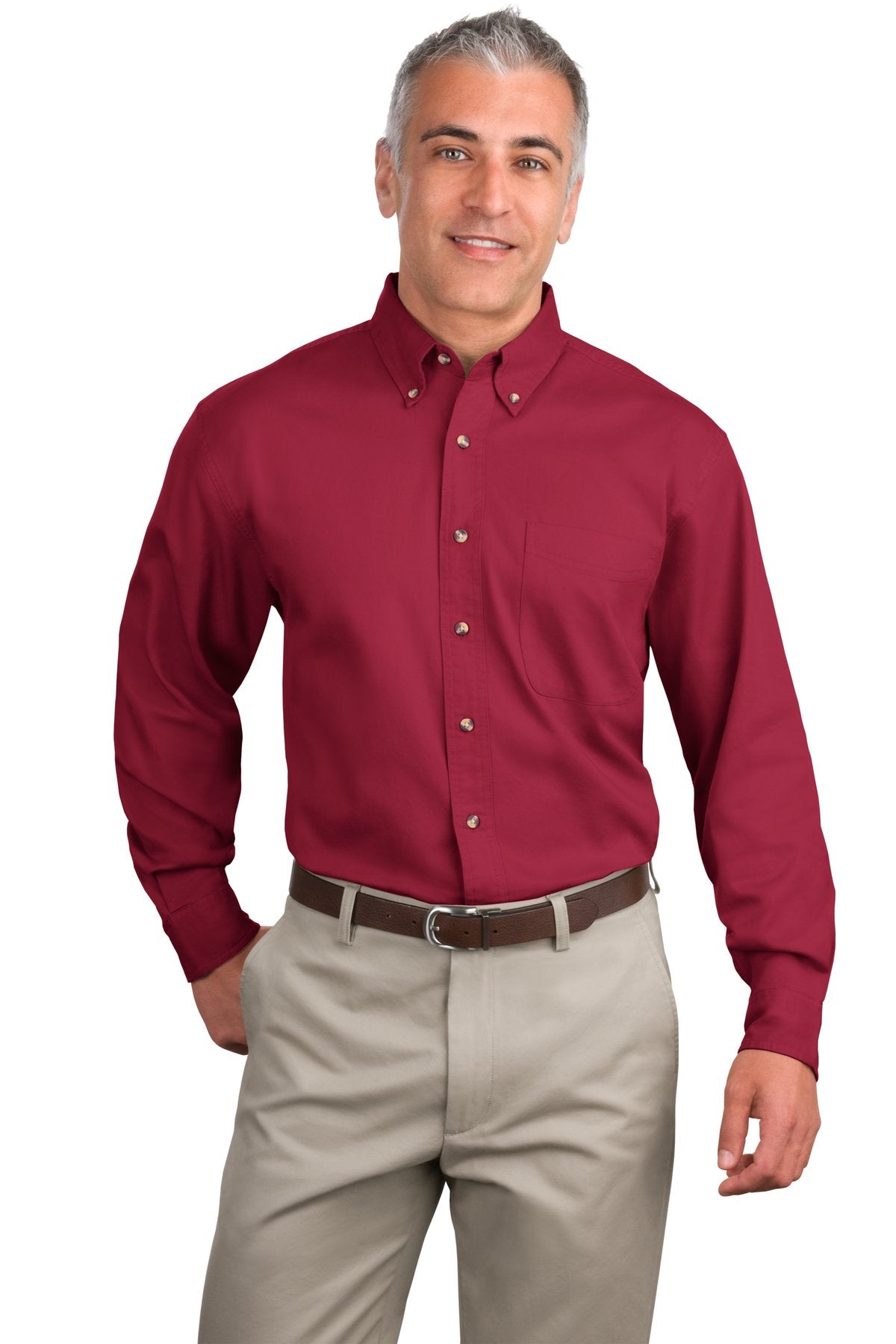 Front View of Brght Burgundy Port Authority Long Sleeve Twill Shirt. S600T