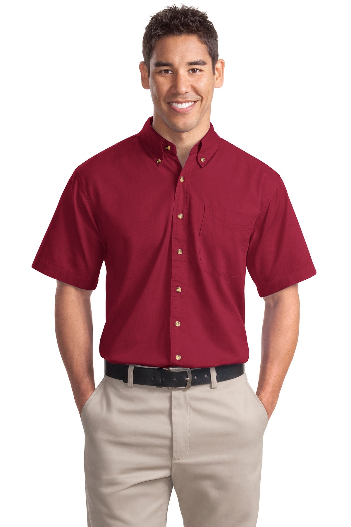 Front View of Brght Burgundy Port Authority Short Sleeve Twill Shirt. S500T