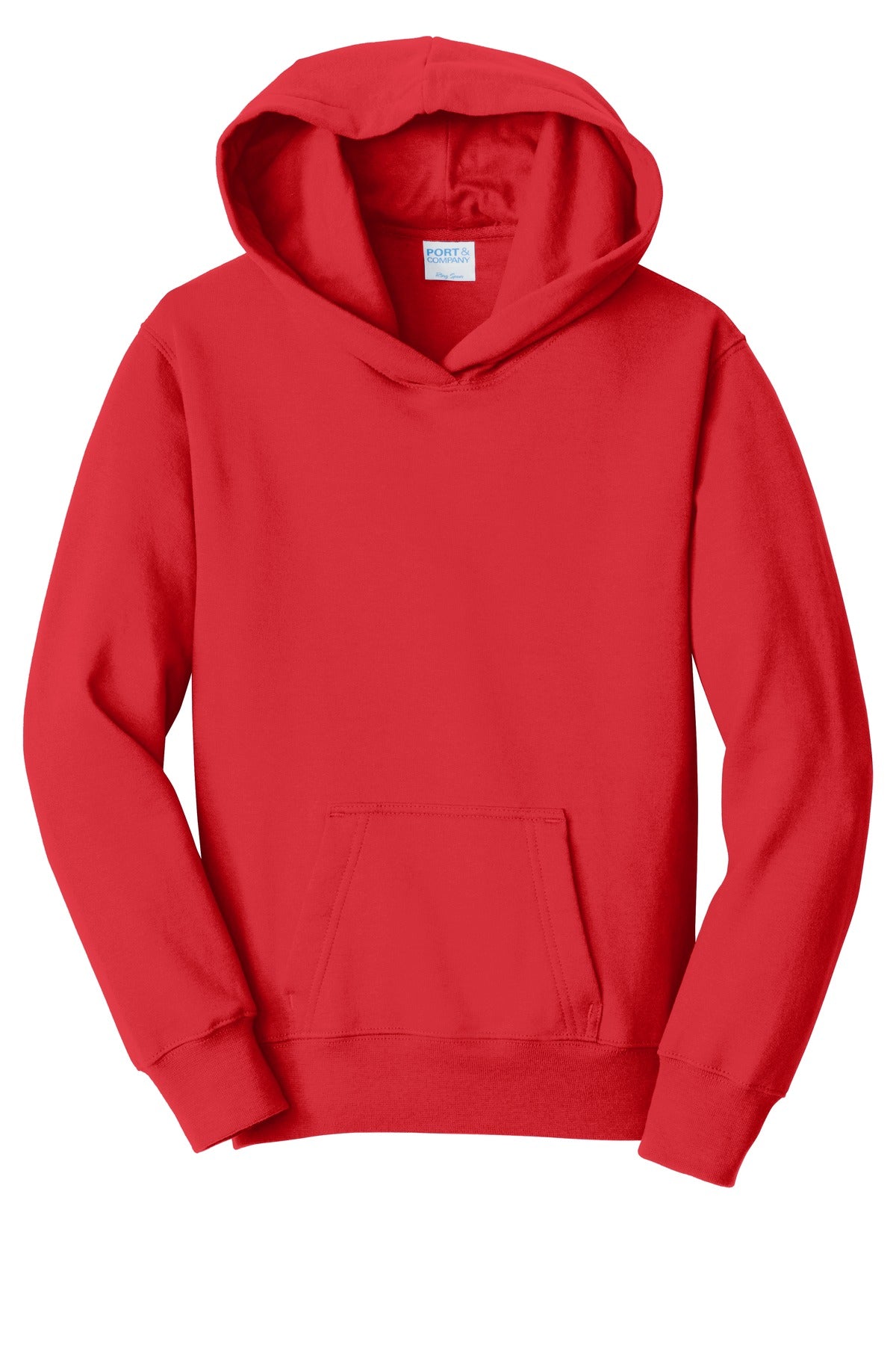 Front View of Bright Red Port & Company Youth Fan Favorite Fleece Pullover Hooded Sweatshirt. PC850YH