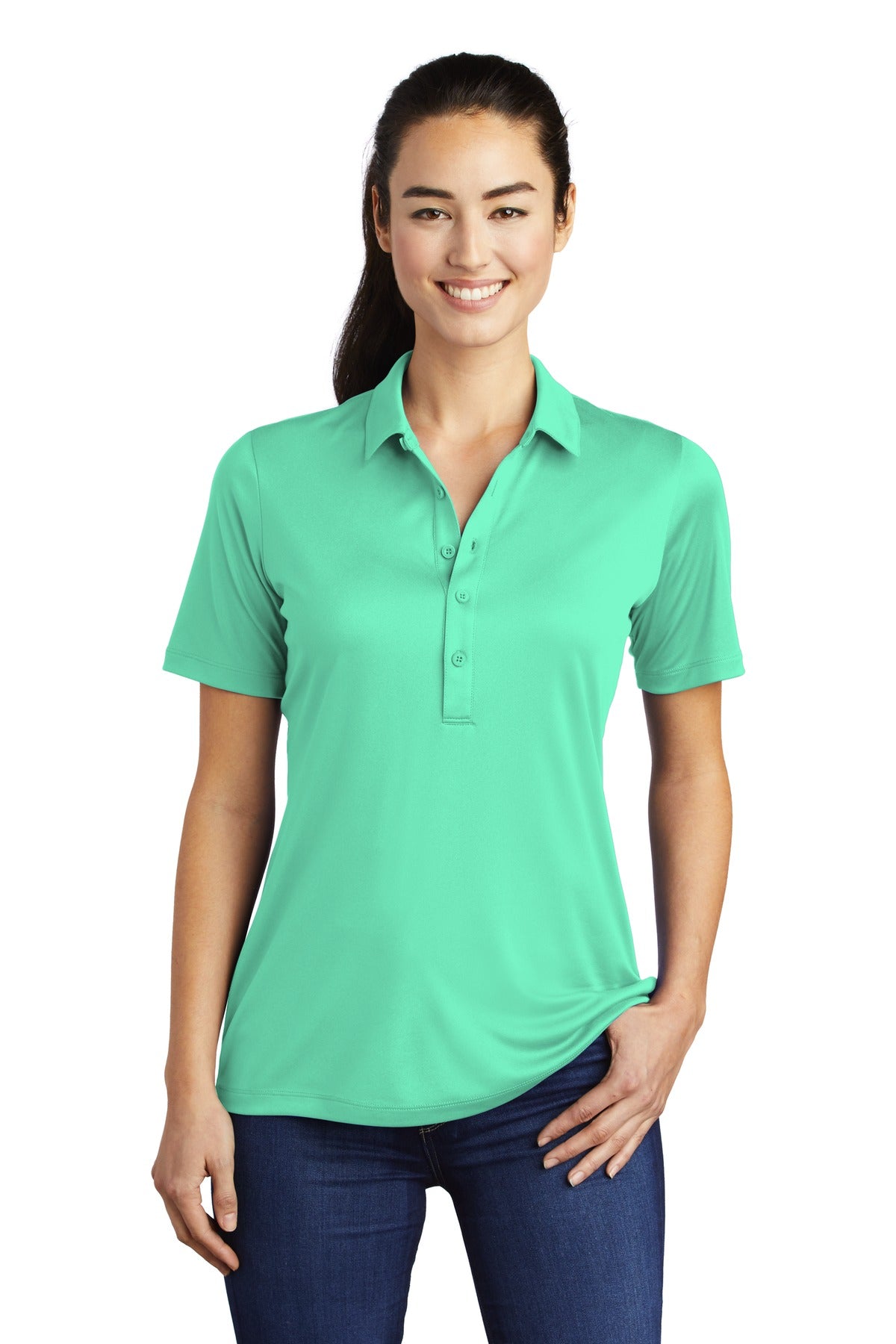 Front View of Bright Seafoam Sport-Tek Women's Posi-UV Pro Polo. LST520