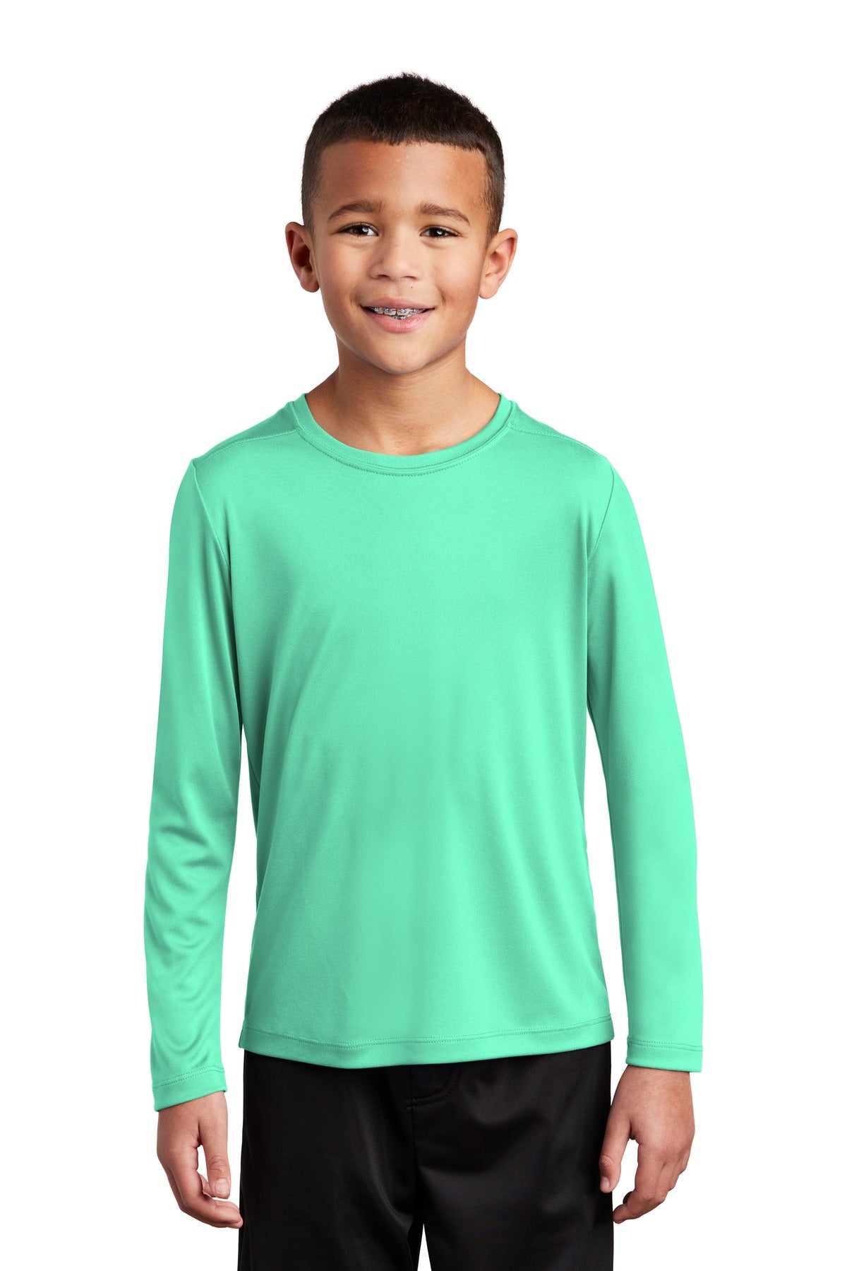 Front View of Bright Seafoam Sport-Tek Youth Posi-UV Pro Long Sleeve Tee. YST420LS