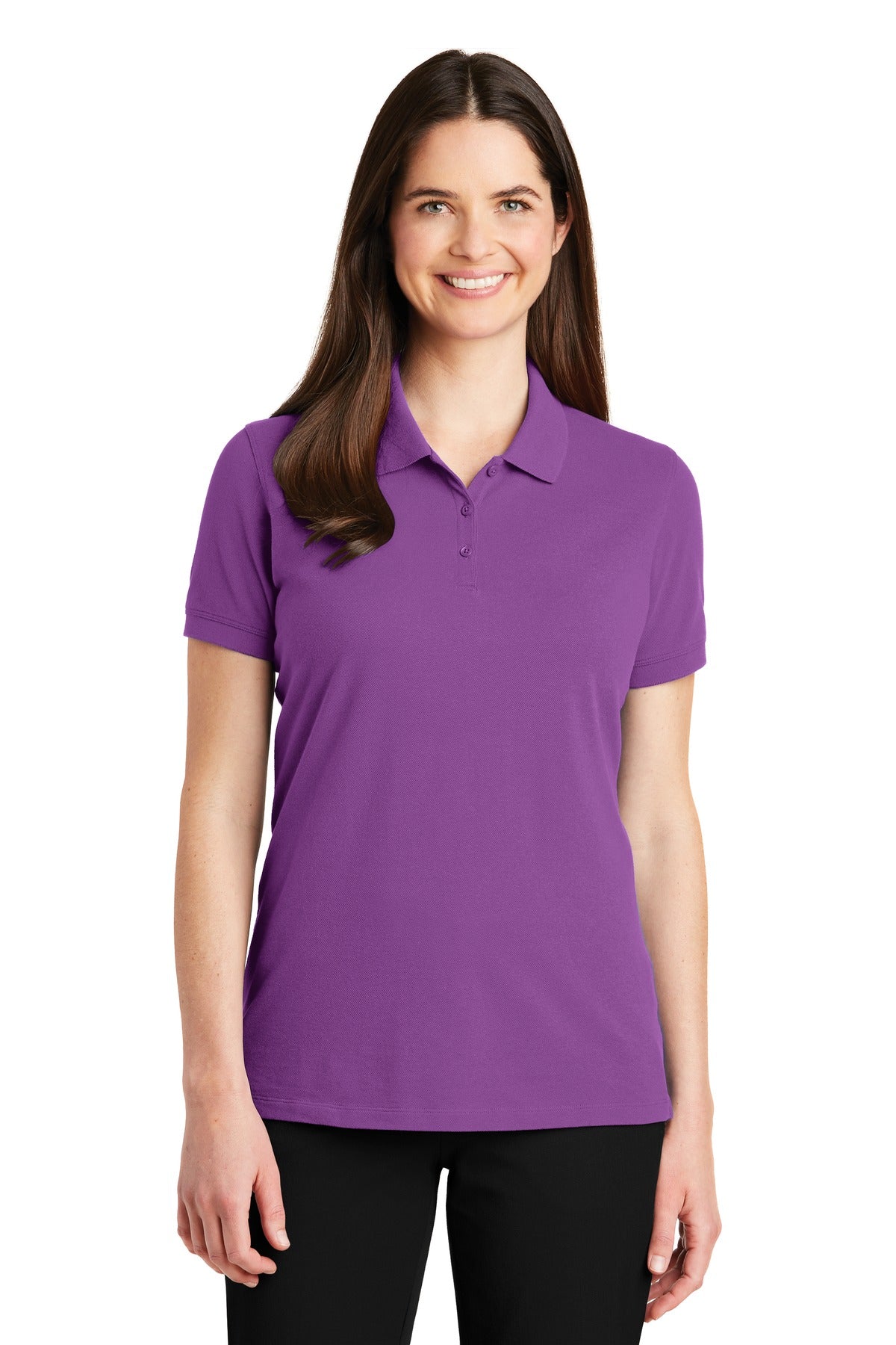 Front View of Bright Violet Port Authority Women's EZCotton Polo. LK8000