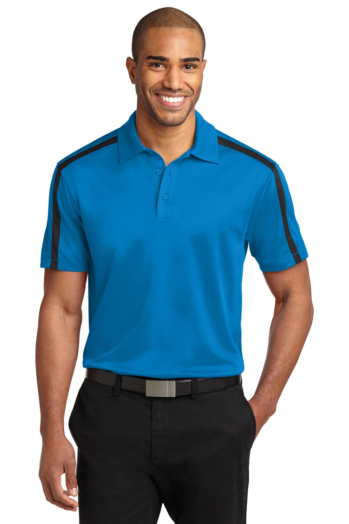 Front View of BrilliantBl/Bk Port Authority Silk Touch Performance Colorblock Stripe Polo. K547
