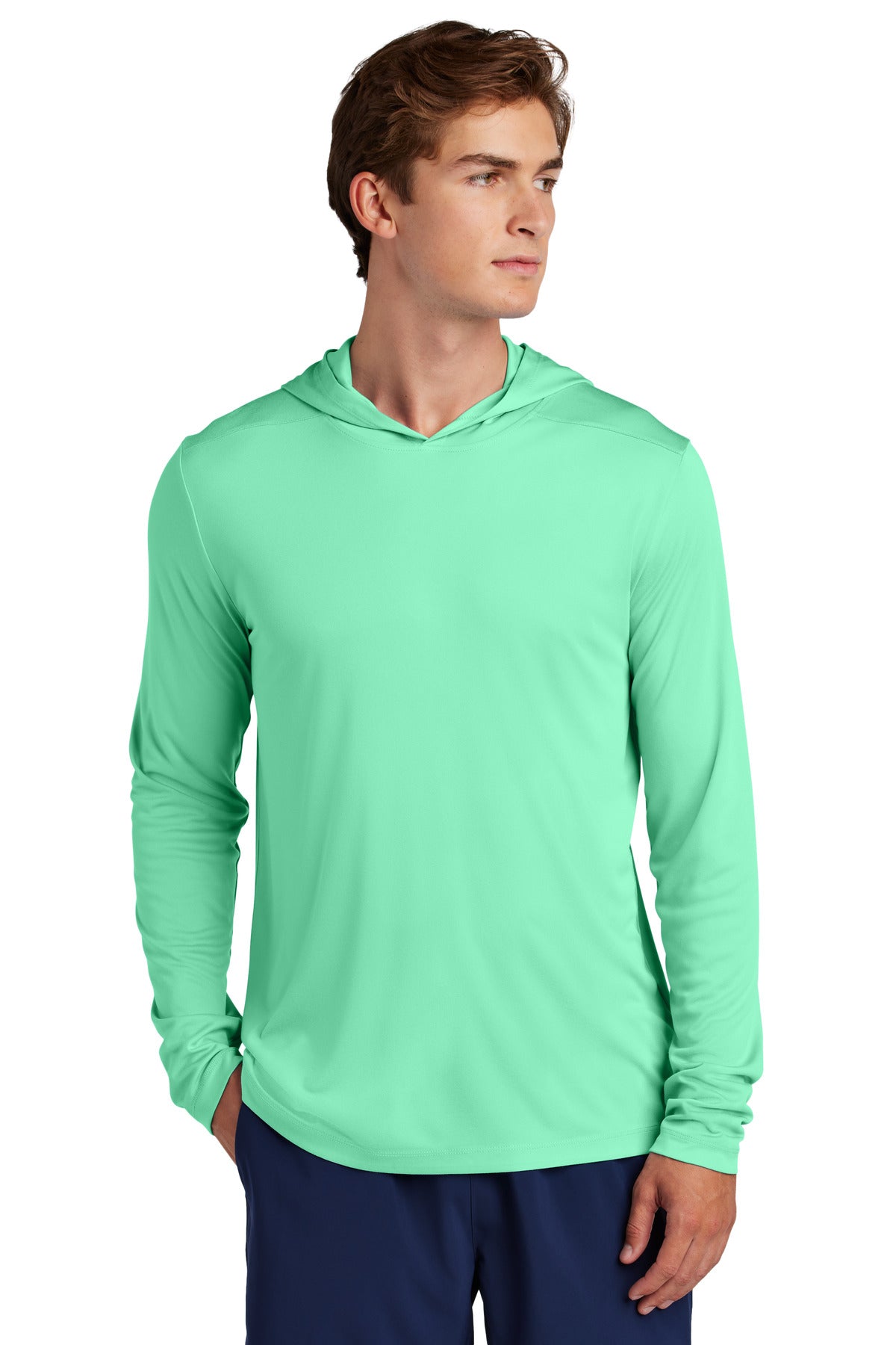 Front View of BrtSeafoam Sport-Tek Posi-UV Pro Long Sleeve Hoodie ST420LSH