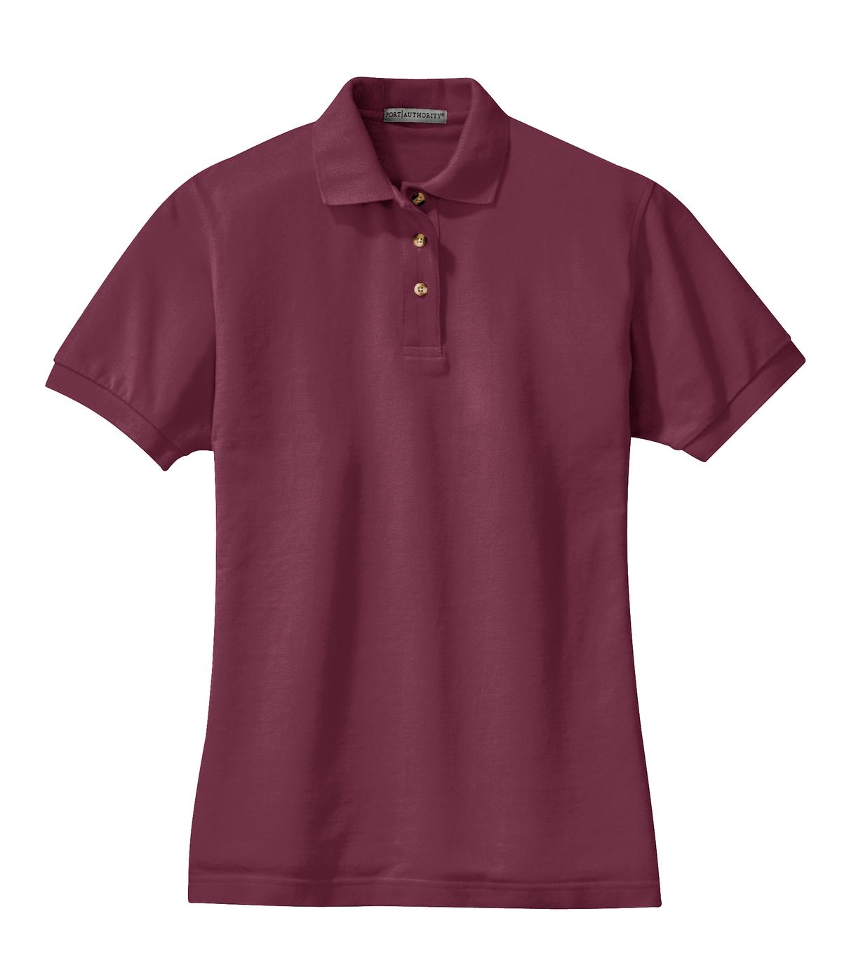 Front View of Burgundy Port Authority Women's Heavyweight Cotton Pique Polo. L420