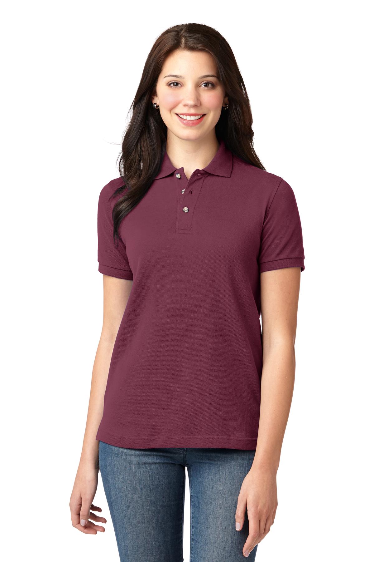 Front View of Burgundy Port Authority Women's Heavyweight Cotton Pique Polo. L420