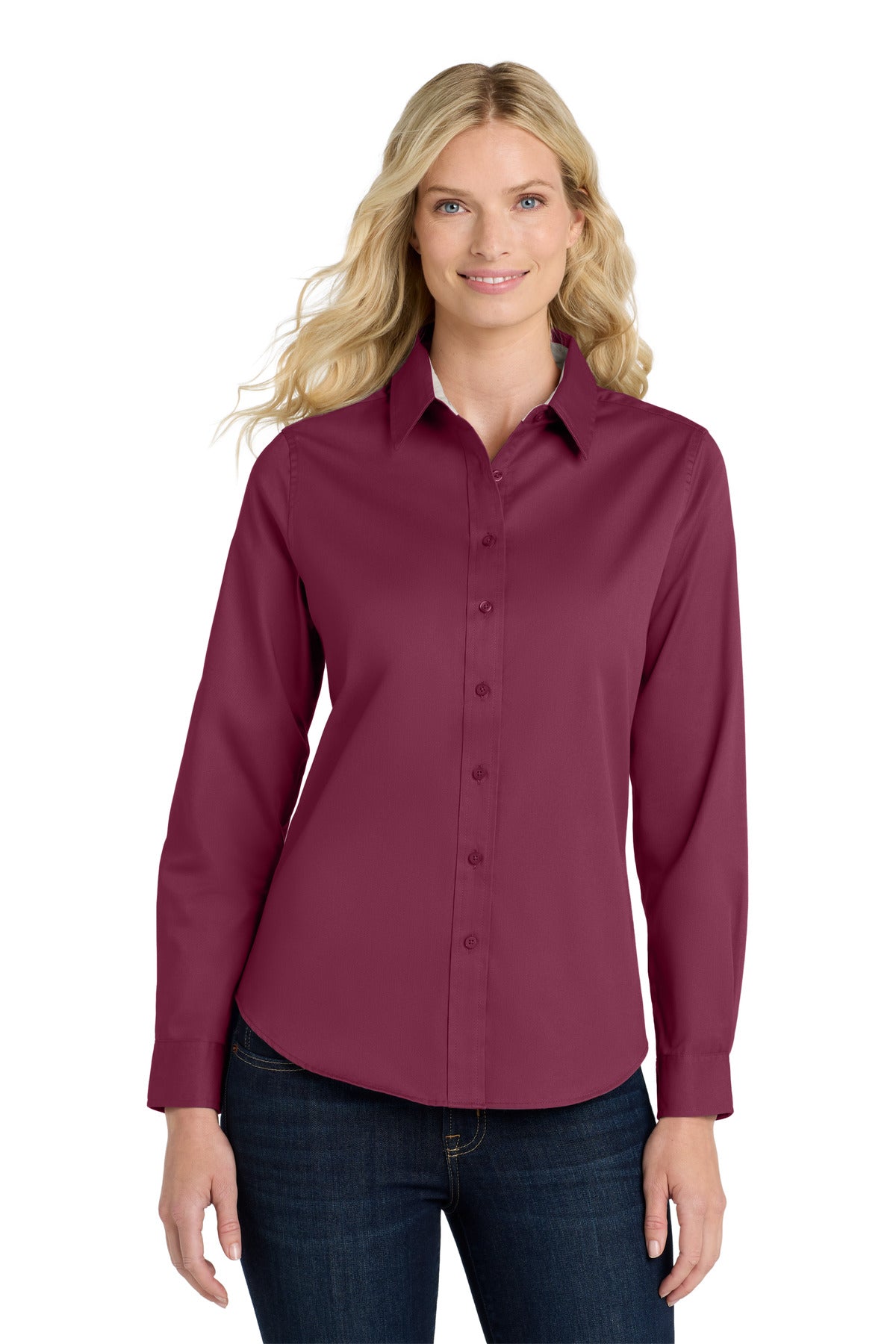 Front View of Burgundy/Lt St Port Authority Women's Long Sleeve Easy Care Shirt. L608