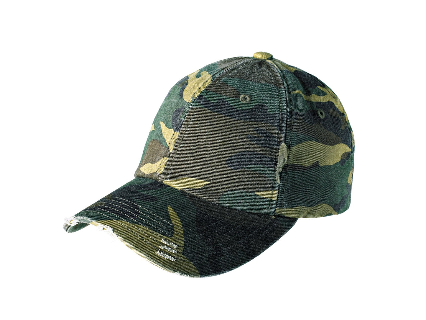 Front View of Camo District Distressed Cap. DT600