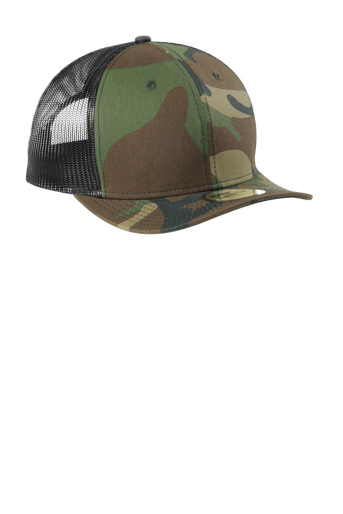 Front View of Camo/Black New Era Snapback Low Profile Trucker Cap NE207