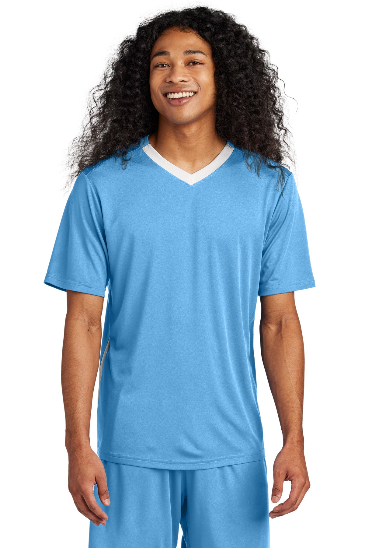 Front View of CarBl/Wht Sport-Tek Competitor United V-Neck ST101
