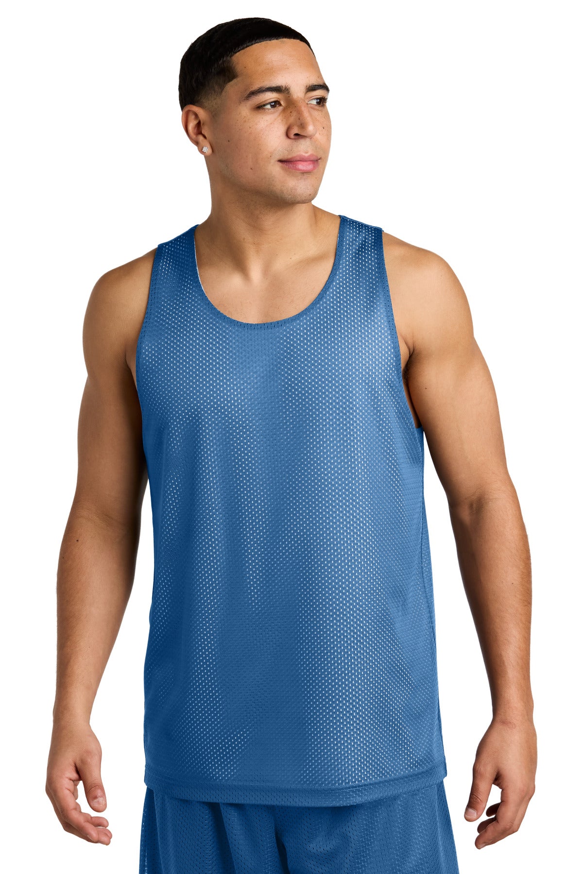 Front View of CarBl/Wht Sport-Tek PosiCharge Reversible Mesh Tank ST5000
