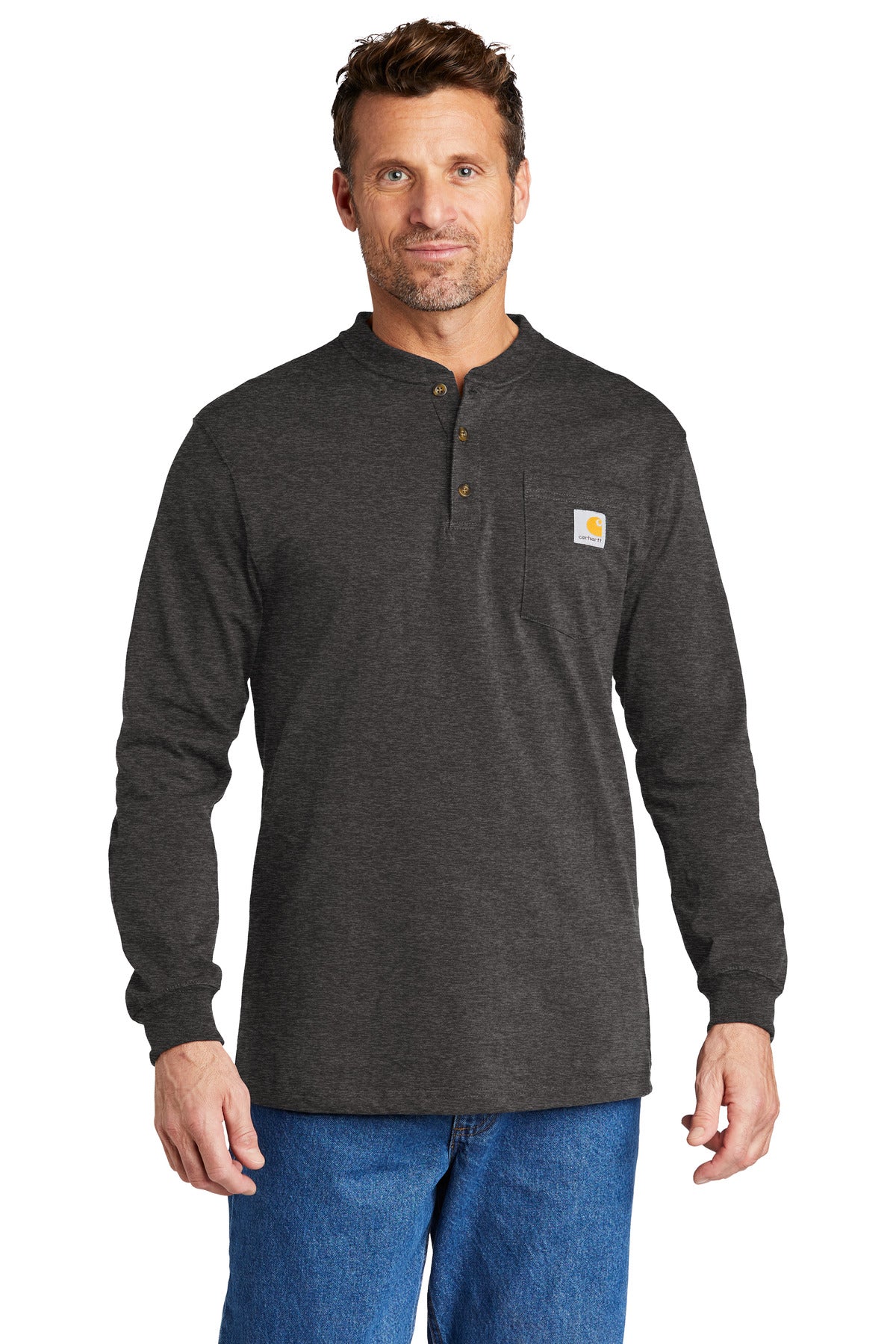 Front View of Carbon Heather Carhartt Long Sleeve Henley T-Shirt CTK128