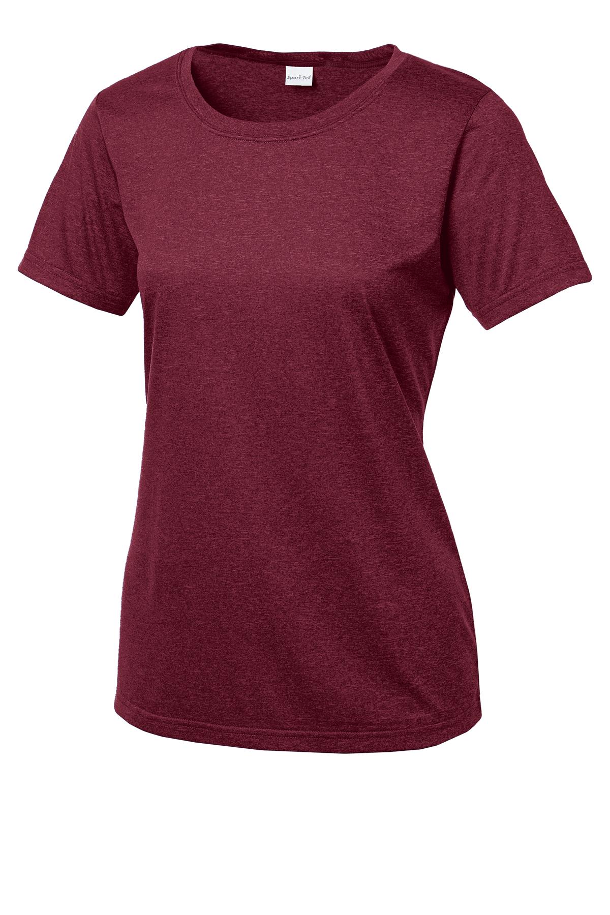 Front View of Cardinal Hthr Sport-Tek Women's Heather Contender Scoop Neck Tee. LST360